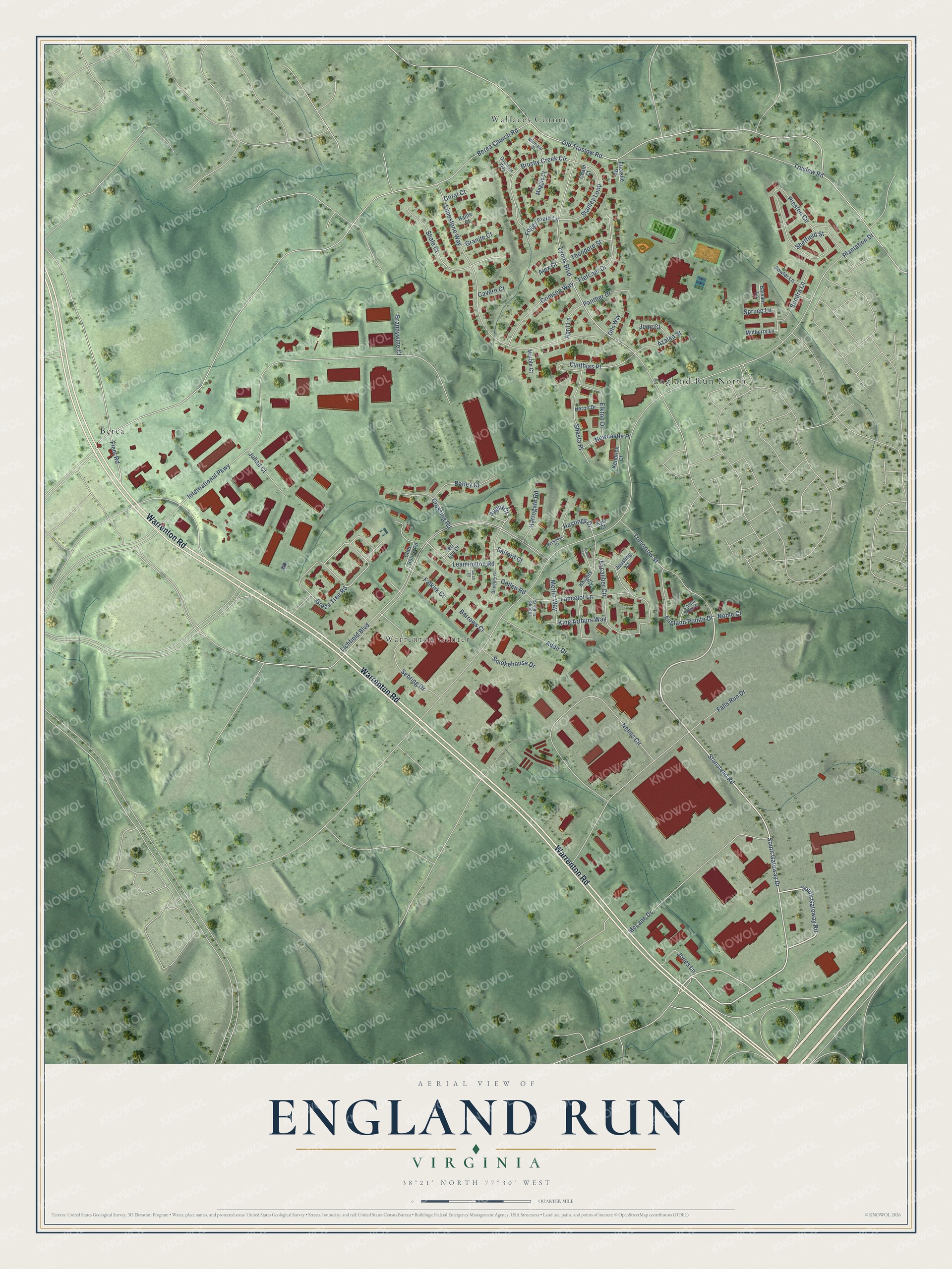Full map of England Run, Virginia, with red buildings, printed street names and the land around them