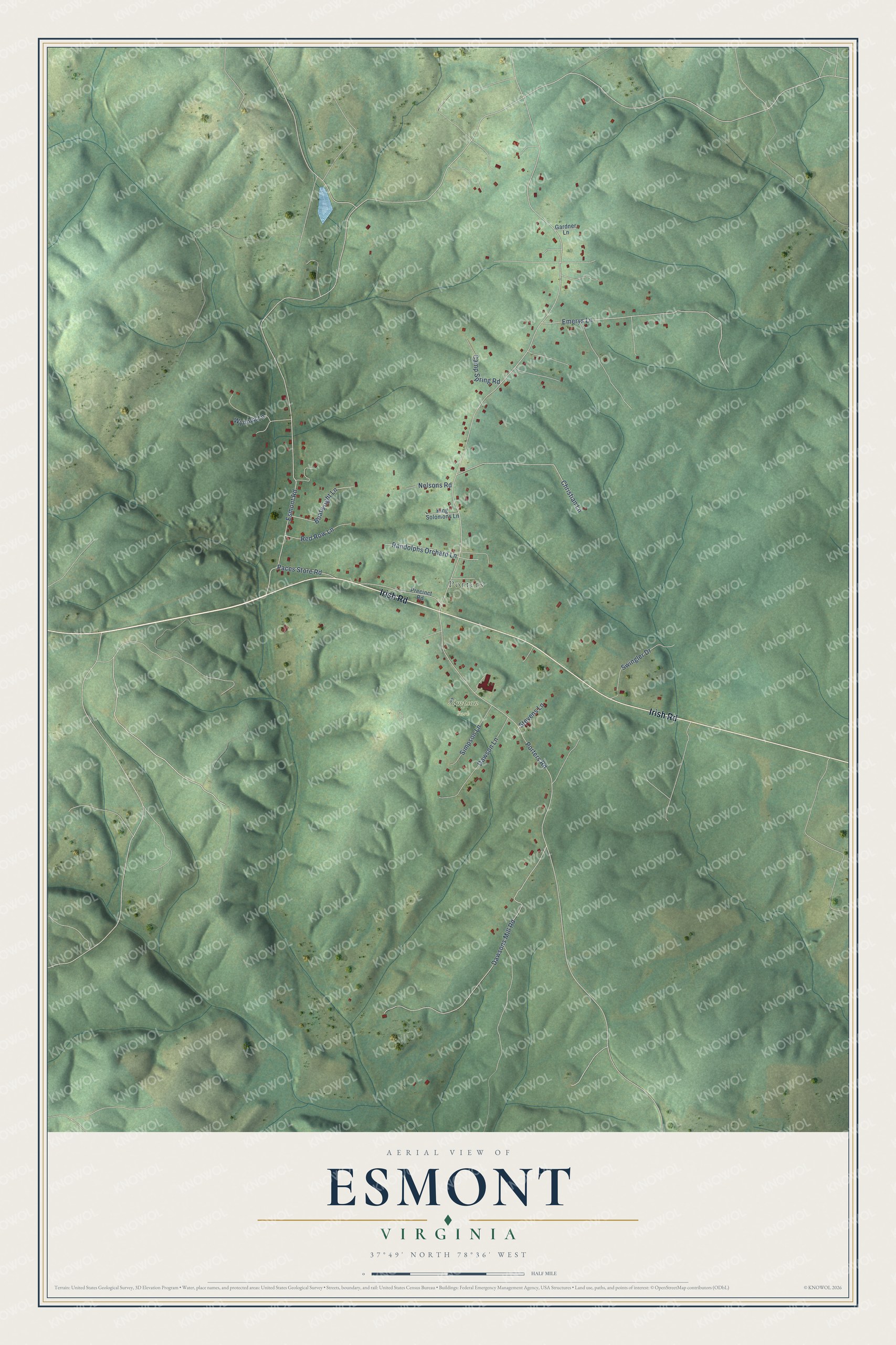 Full map of Esmont, Virginia, with red buildings, printed street names and the land around them