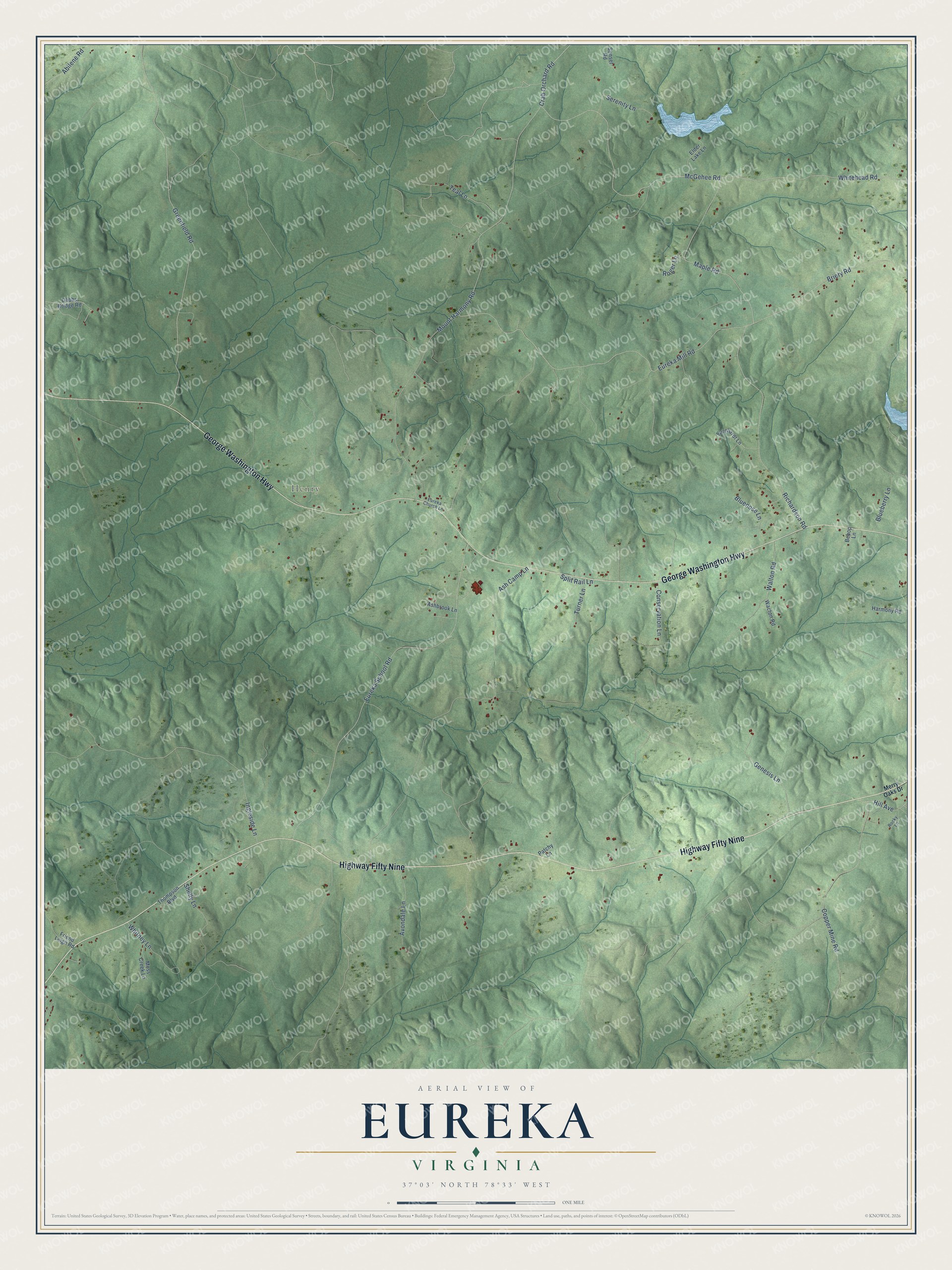Full map of Eureka, Virginia, with red buildings, printed street names and the land around them