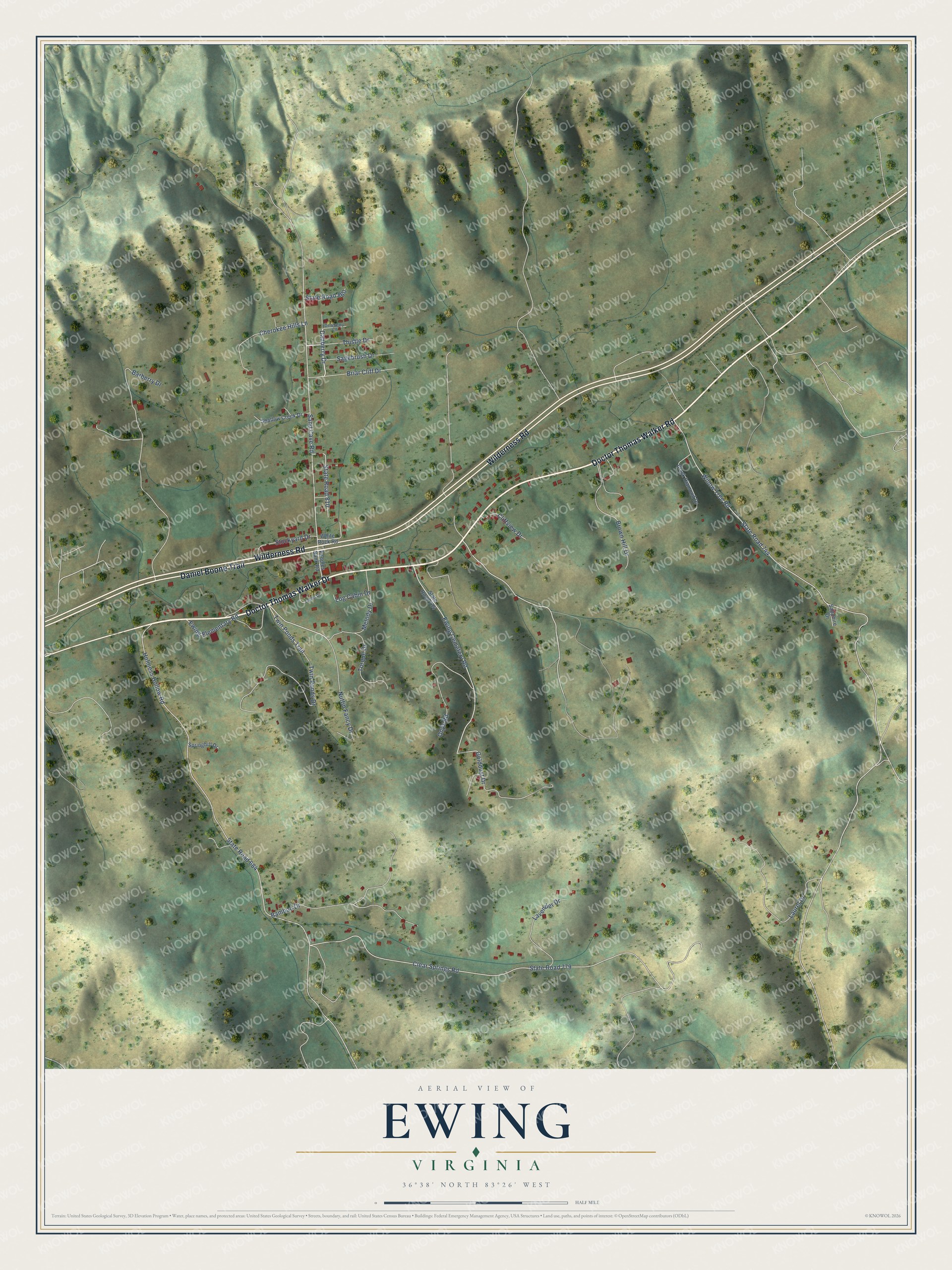 Full map of Ewing, Virginia, with red buildings, printed street names and the land around them
