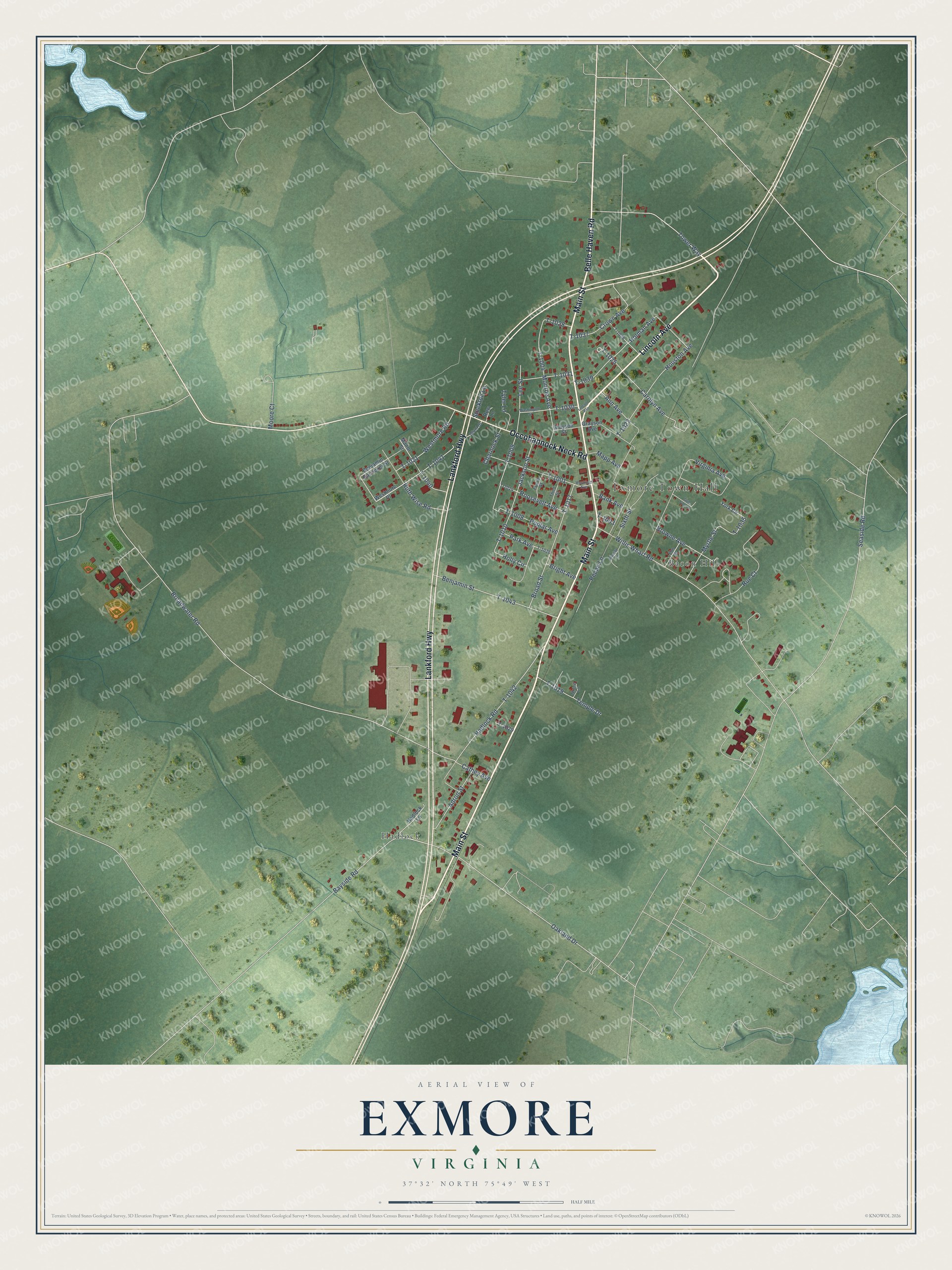 Full map of Exmore, Virginia, with red buildings, printed street names and the land around them