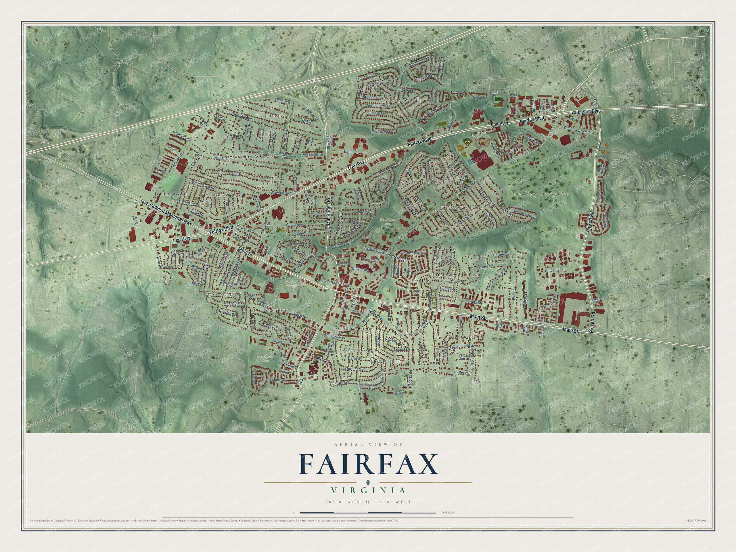 Full map of Fairfax, Virginia, with red buildings, printed street names and the land around them