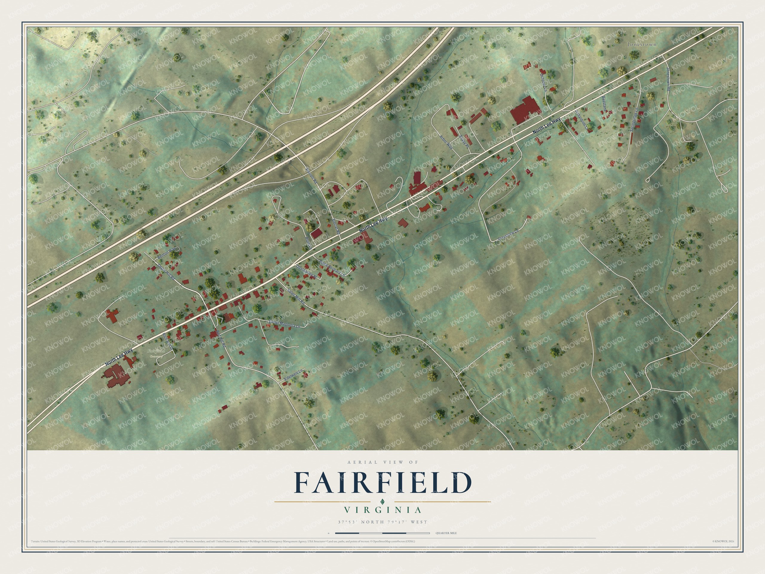 Full map of Fairfield, Virginia, with red buildings, printed street names and the land around them