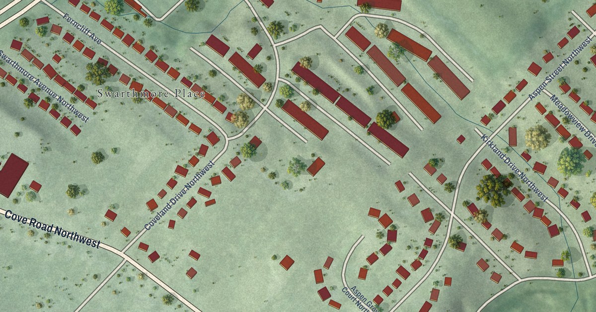 Close-up of streets and buildings in Fairland, Virginia