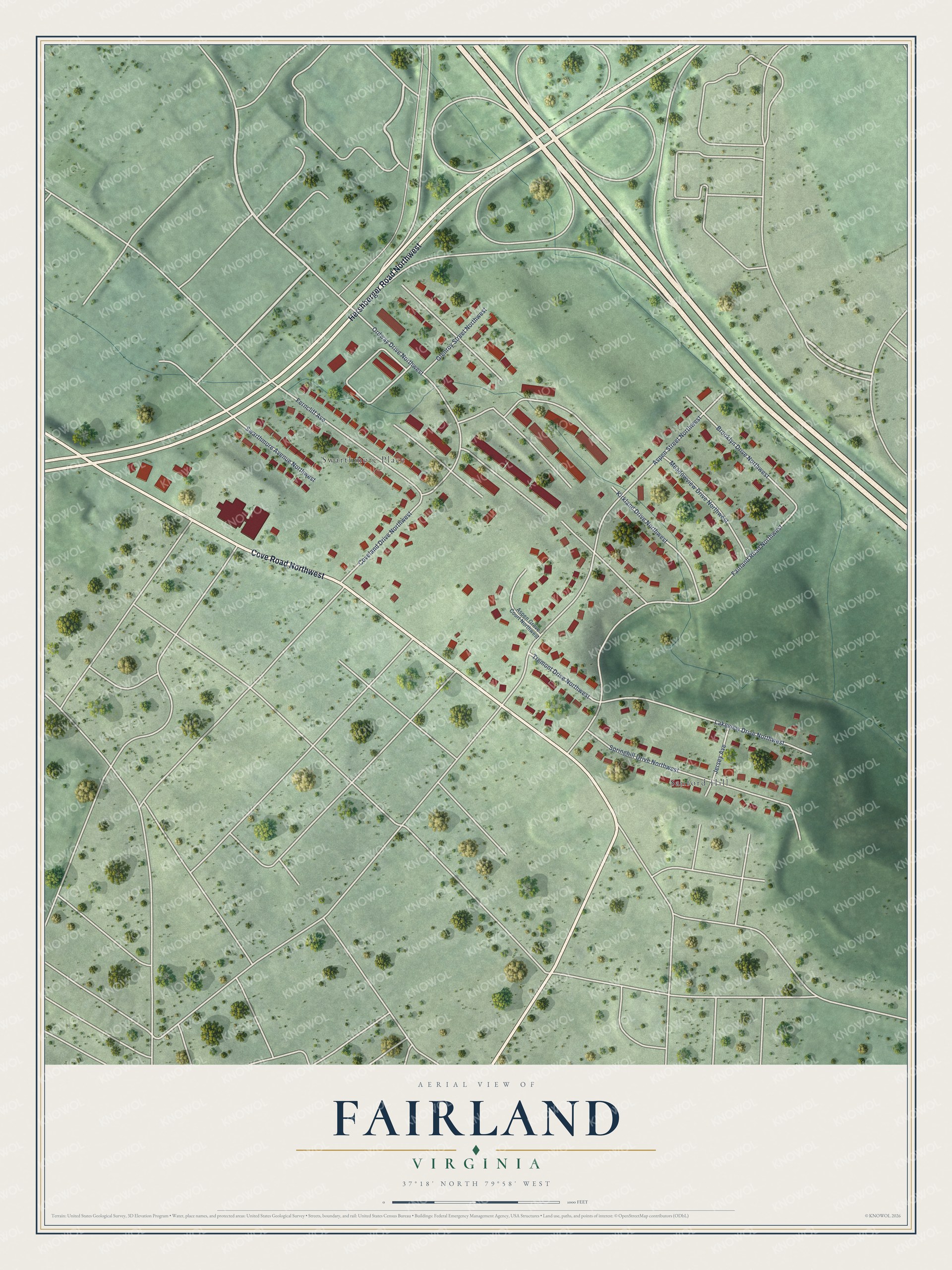 Full map of Fairland, Virginia, with red buildings, printed street names and the land around them