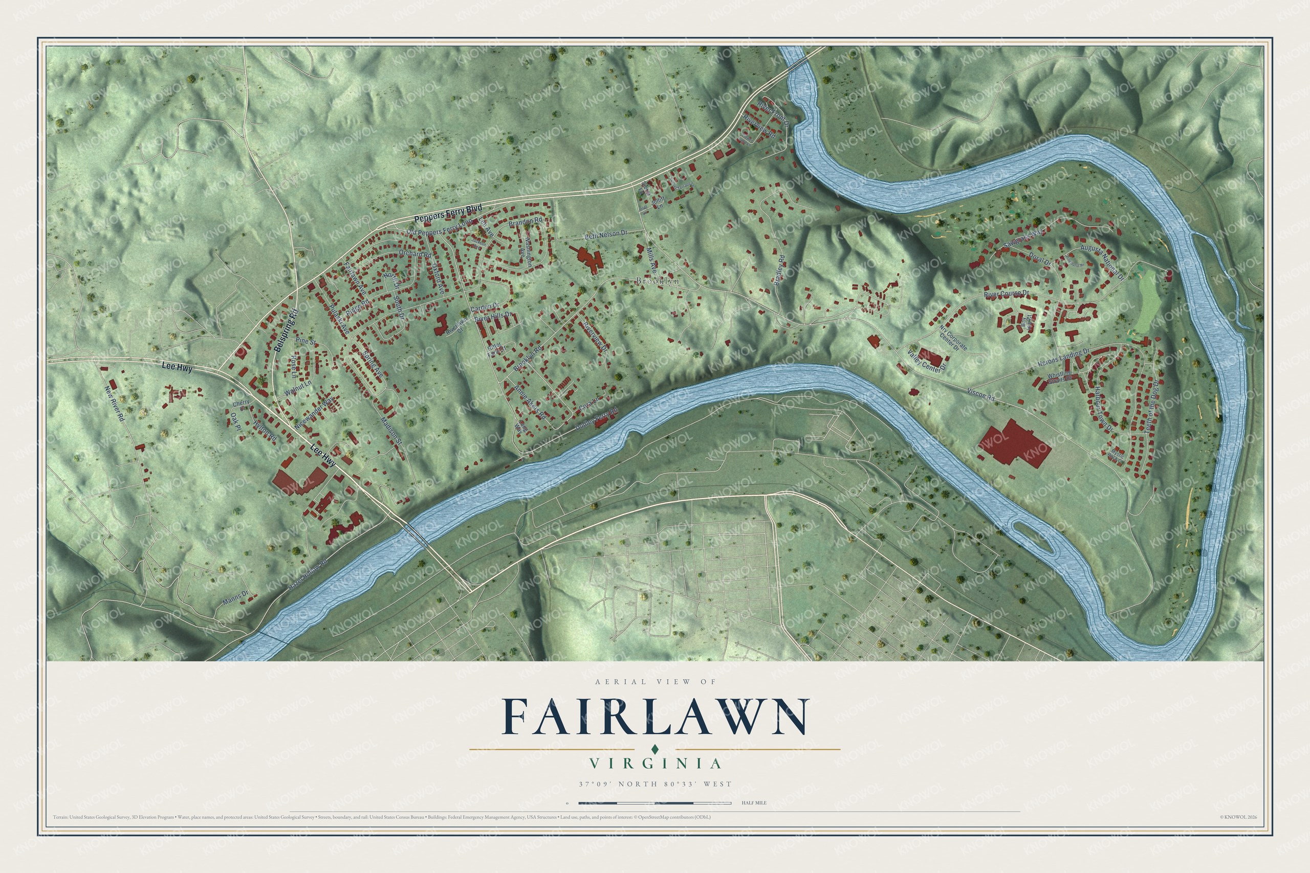 Full map of Fairlawn, Virginia, with red buildings, printed street names and the land around them