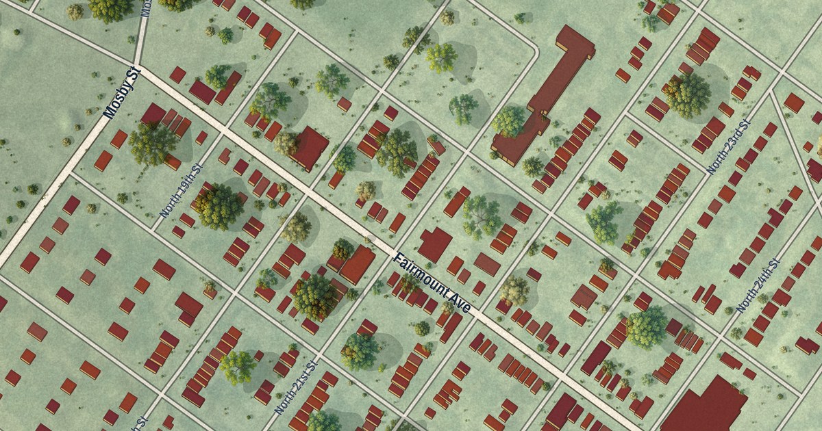 Close-up of streets and buildings in Fairmount, Virginia