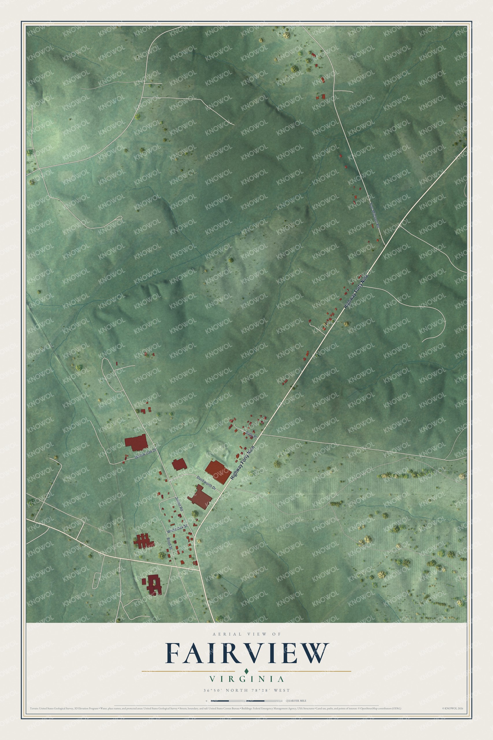 Full map of Fairview, Virginia, with red buildings, printed street names and the land around them