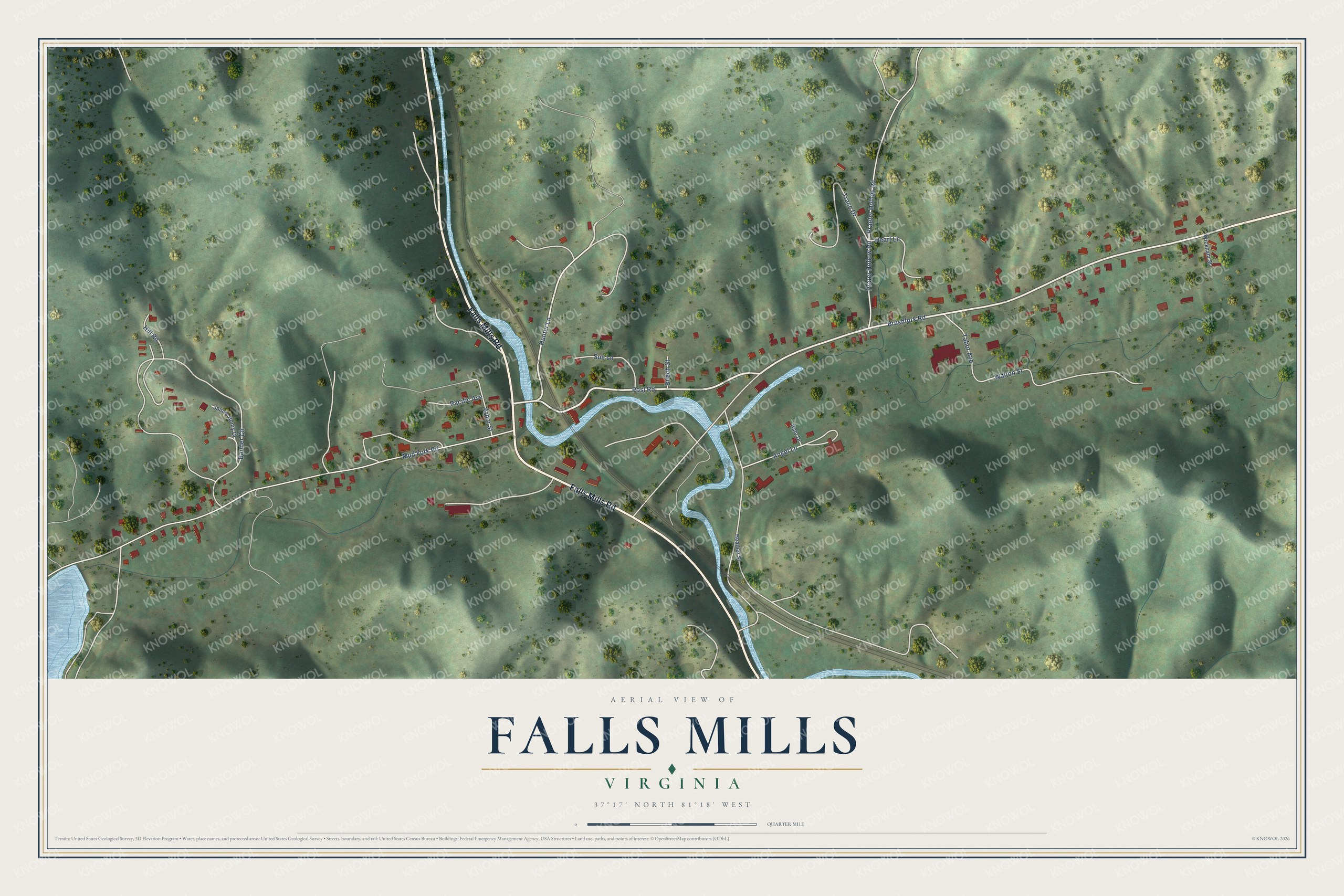 Full map of Falls Mills, Virginia, with red buildings, printed street names and the land around them