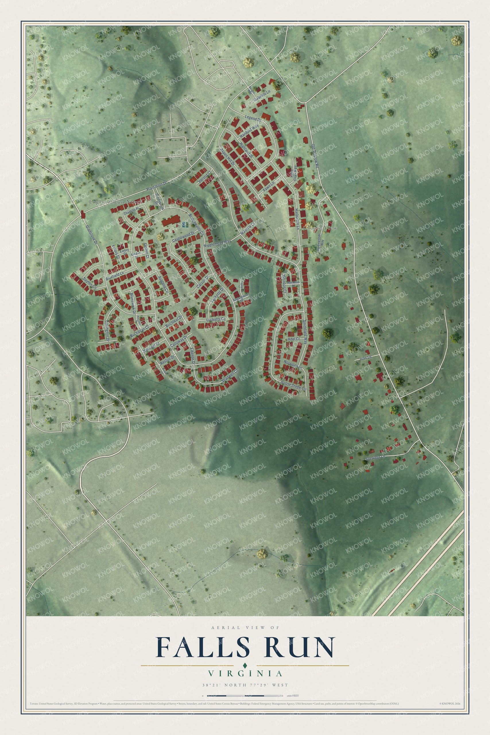 Full map of Falls Run, Virginia, with red buildings, printed street names and the land around them