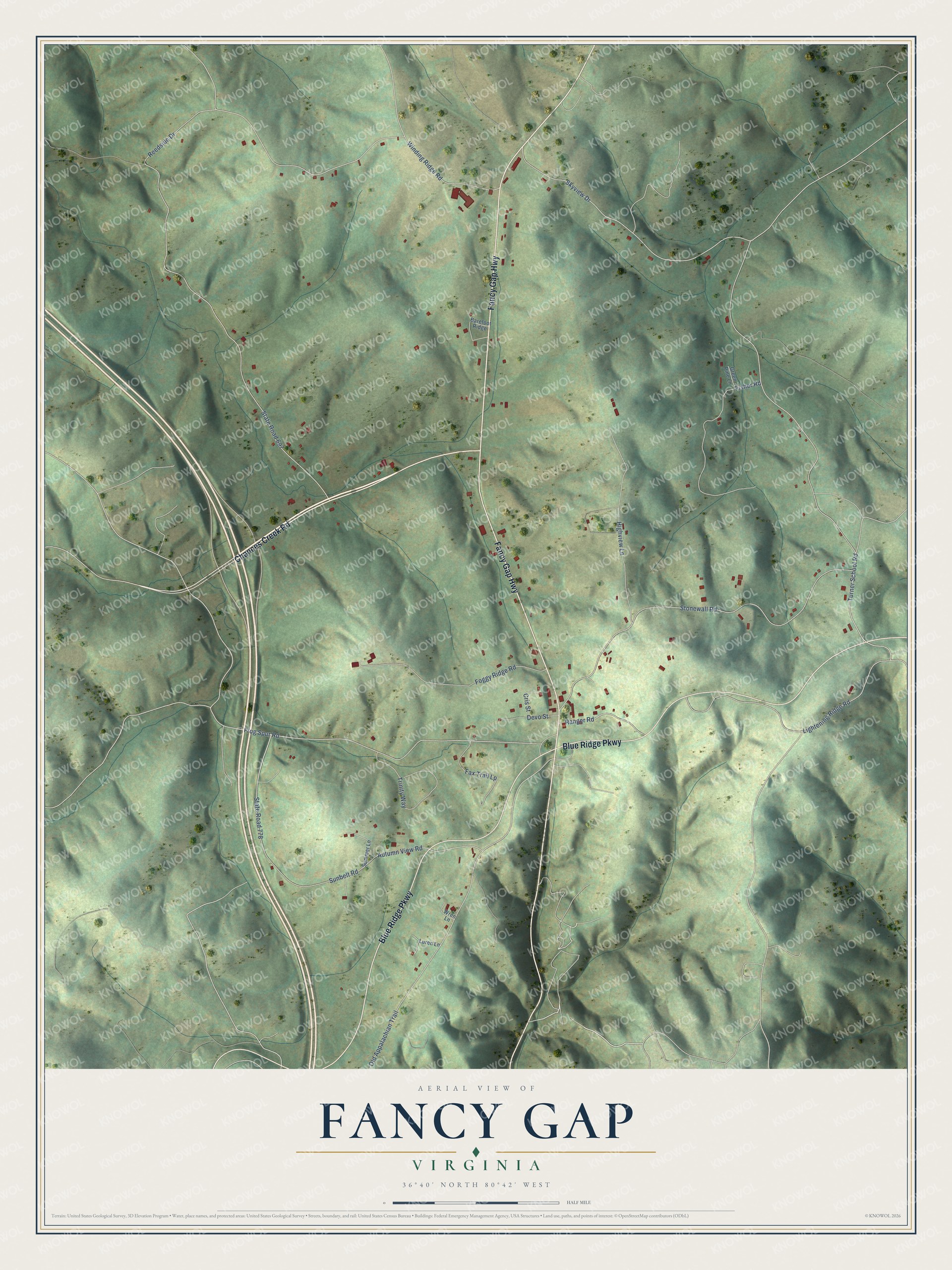 Full map of Fancy Gap, Virginia, with red buildings, printed street names and the land around them