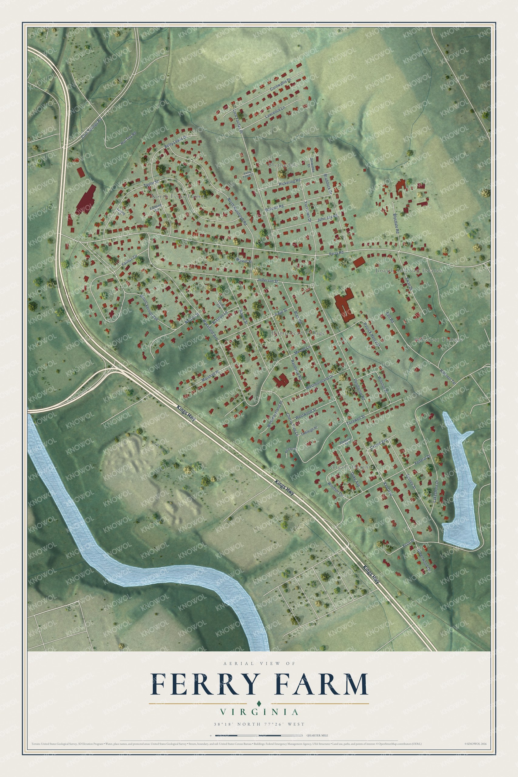 Full map of Ferry Farm, Virginia, with red buildings, printed street names and the land around them
