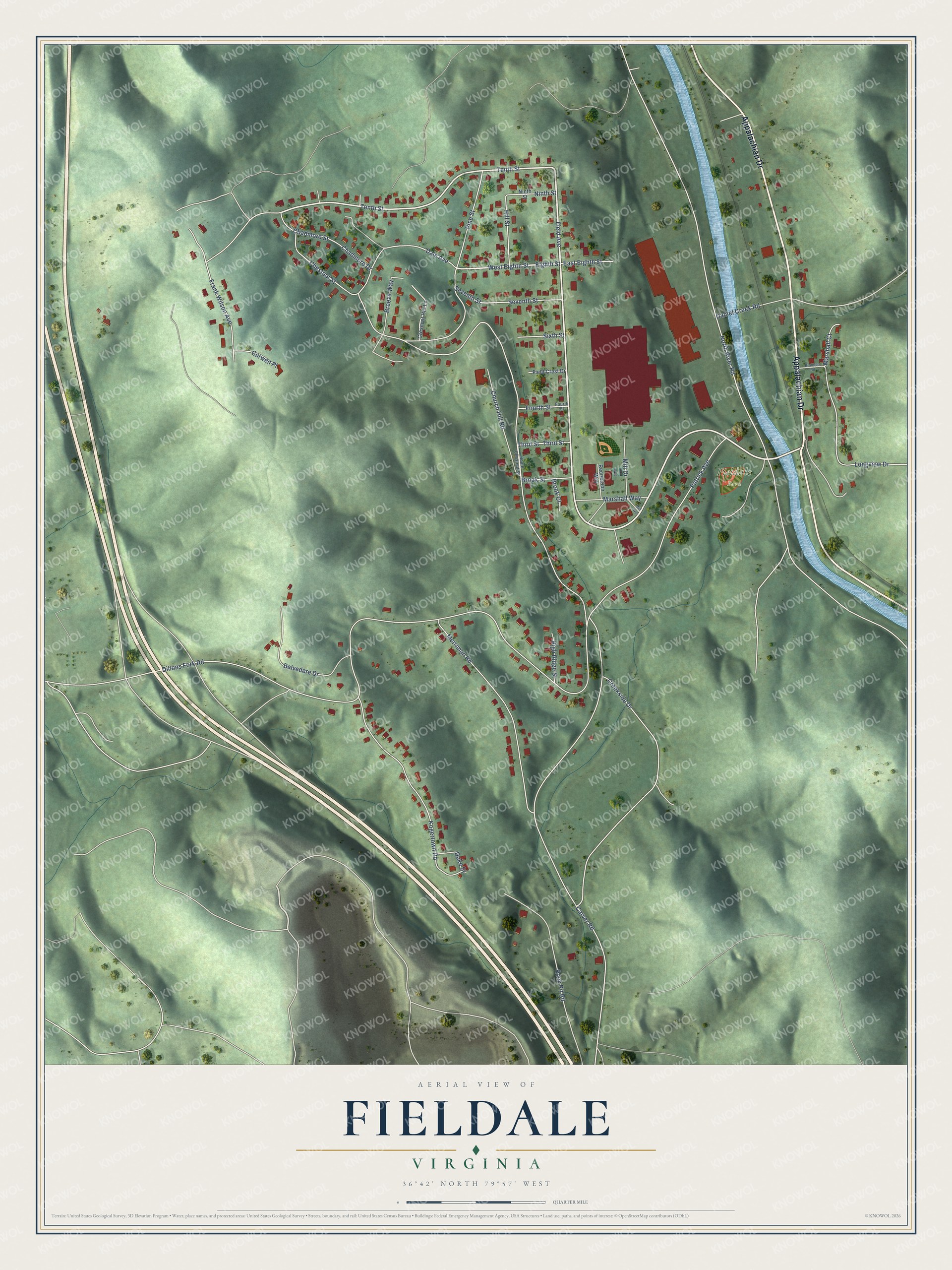 Full map of Fieldale, Virginia, with red buildings, printed street names and the land around them