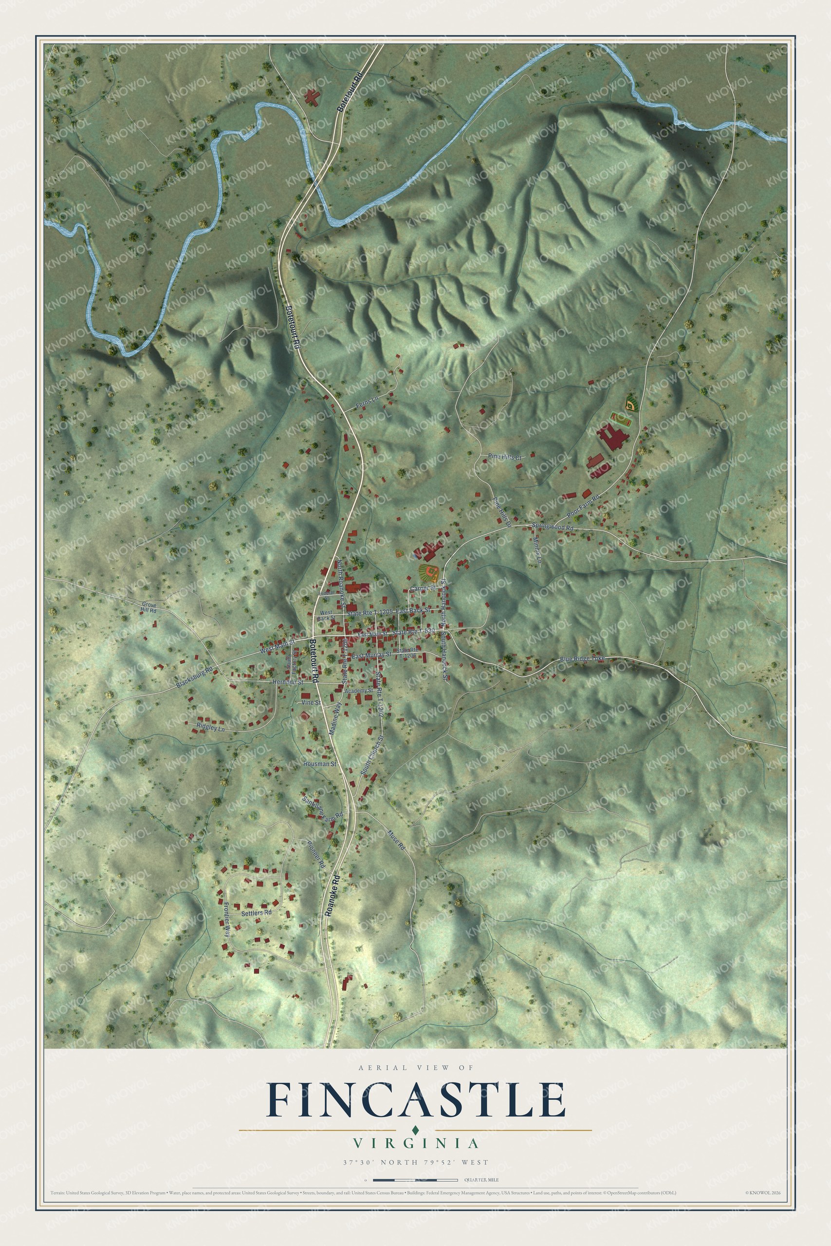 Full map of Fincastle, Virginia, with red buildings, printed street names and the land around them