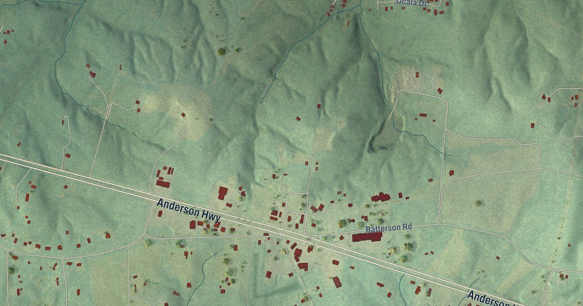 Close-up of streets and buildings in Flat Rock, Virginia