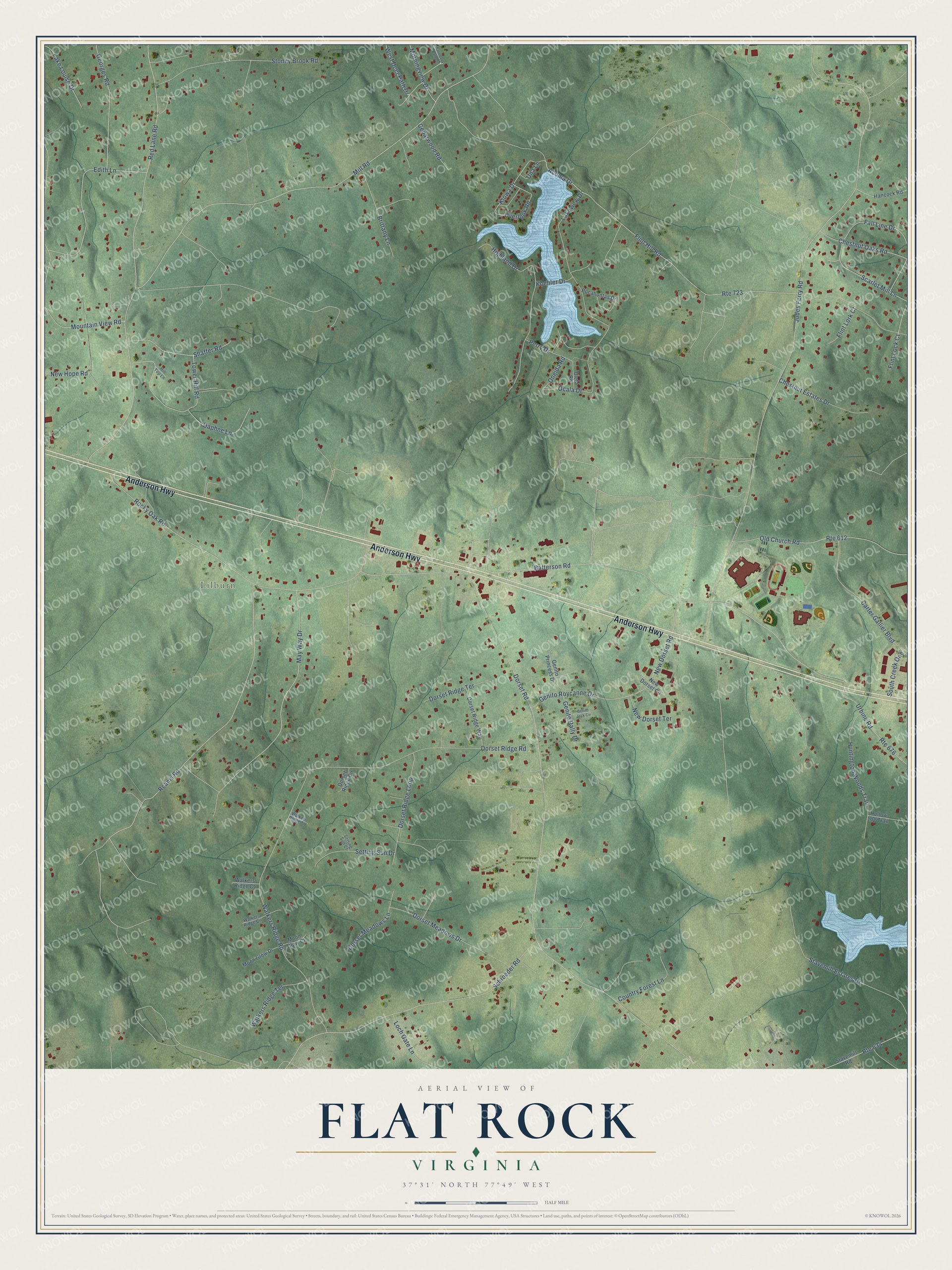 Full map of Flat Rock, Virginia, with red buildings, printed street names and the land around them