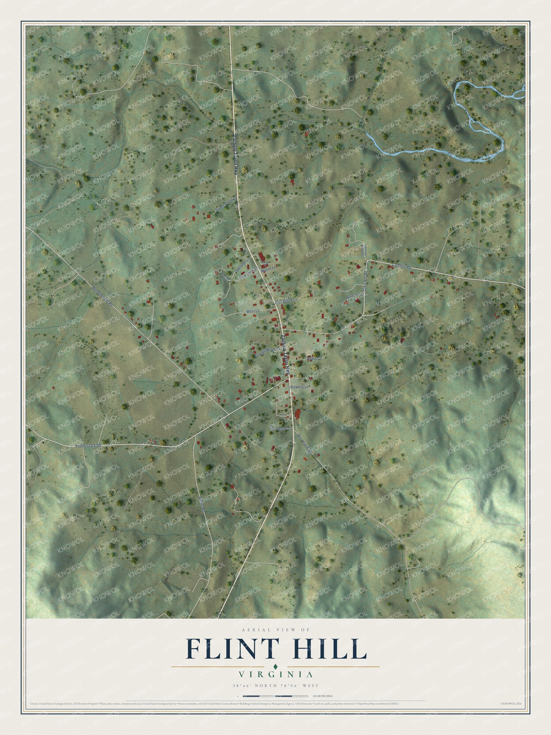 Full map of Flint Hill, Virginia, with red buildings, printed street names and the land around them