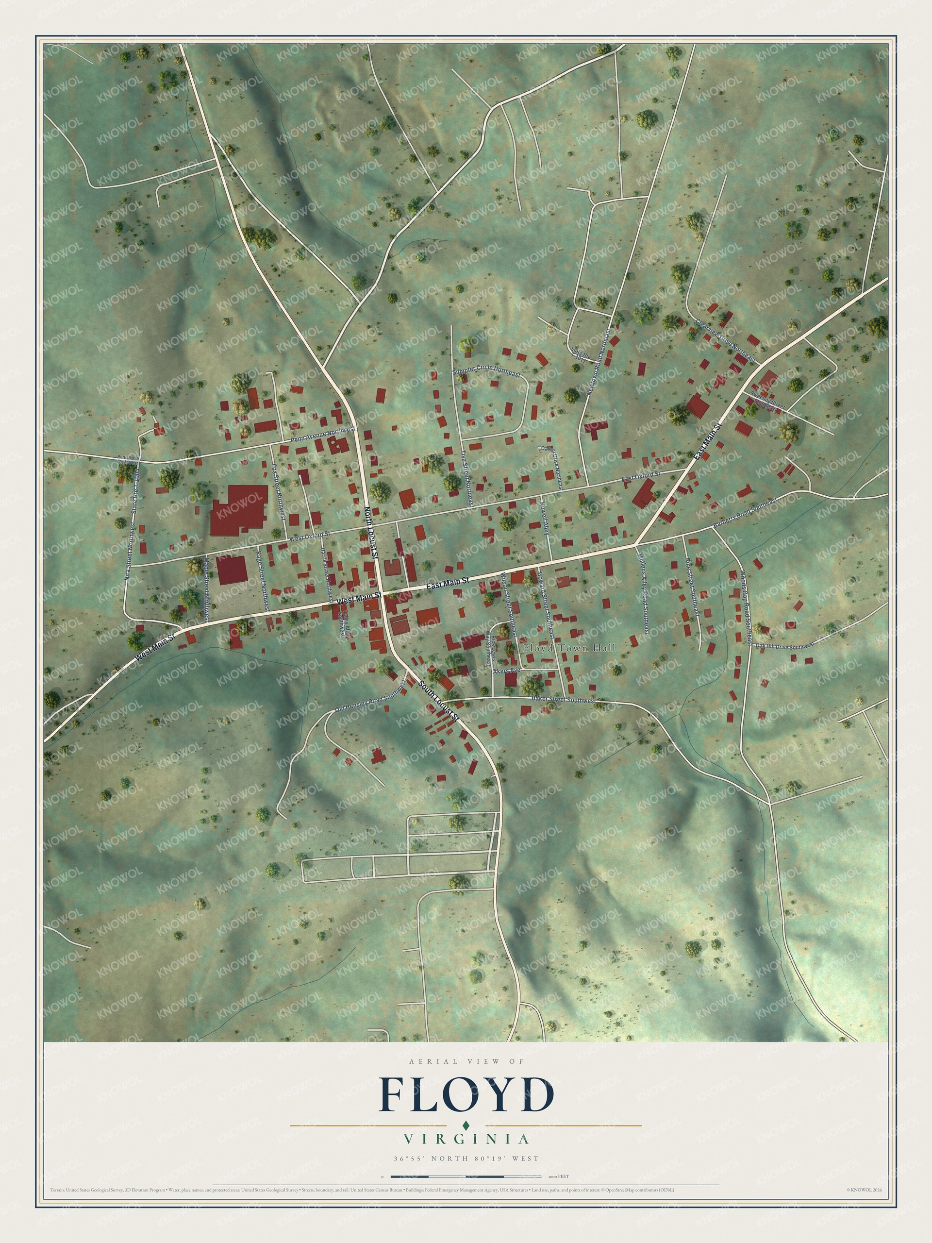Full map of Floyd, Virginia, with red buildings, printed street names and the land around them