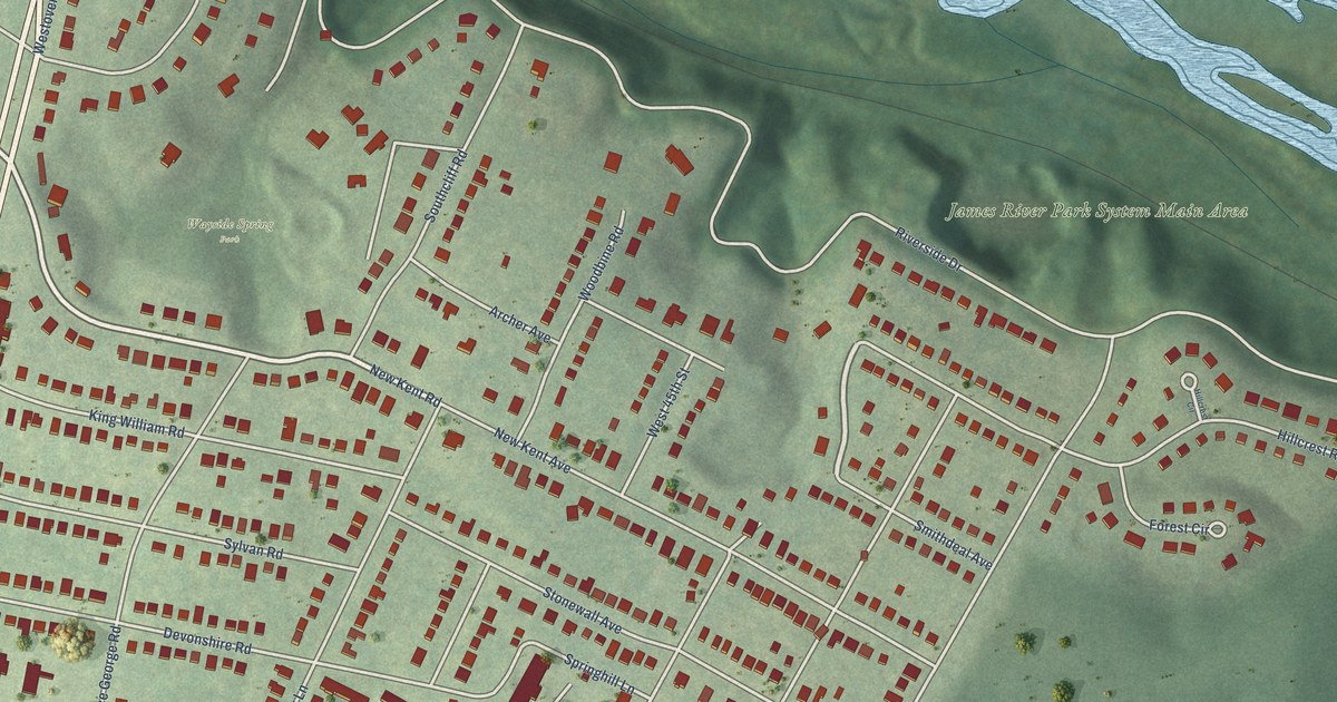 Close-up of streets and buildings in Forest Hill, Virginia