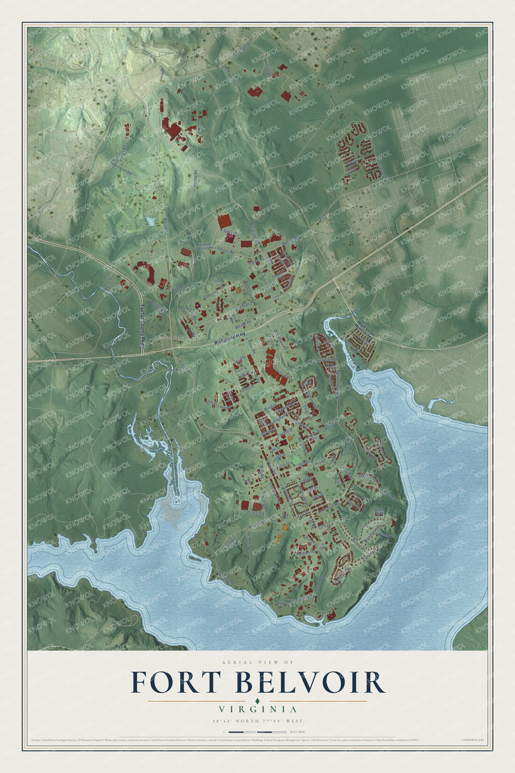 Full map of Fort Belvoir, Virginia, with red buildings, printed street names and the land around them