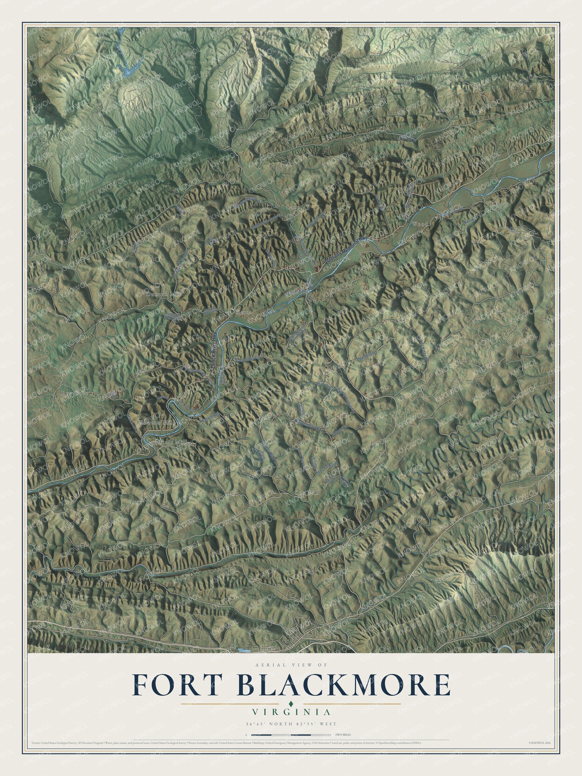 Full map of Fort Blackmore, Virginia, with red buildings, printed street names and the land around them