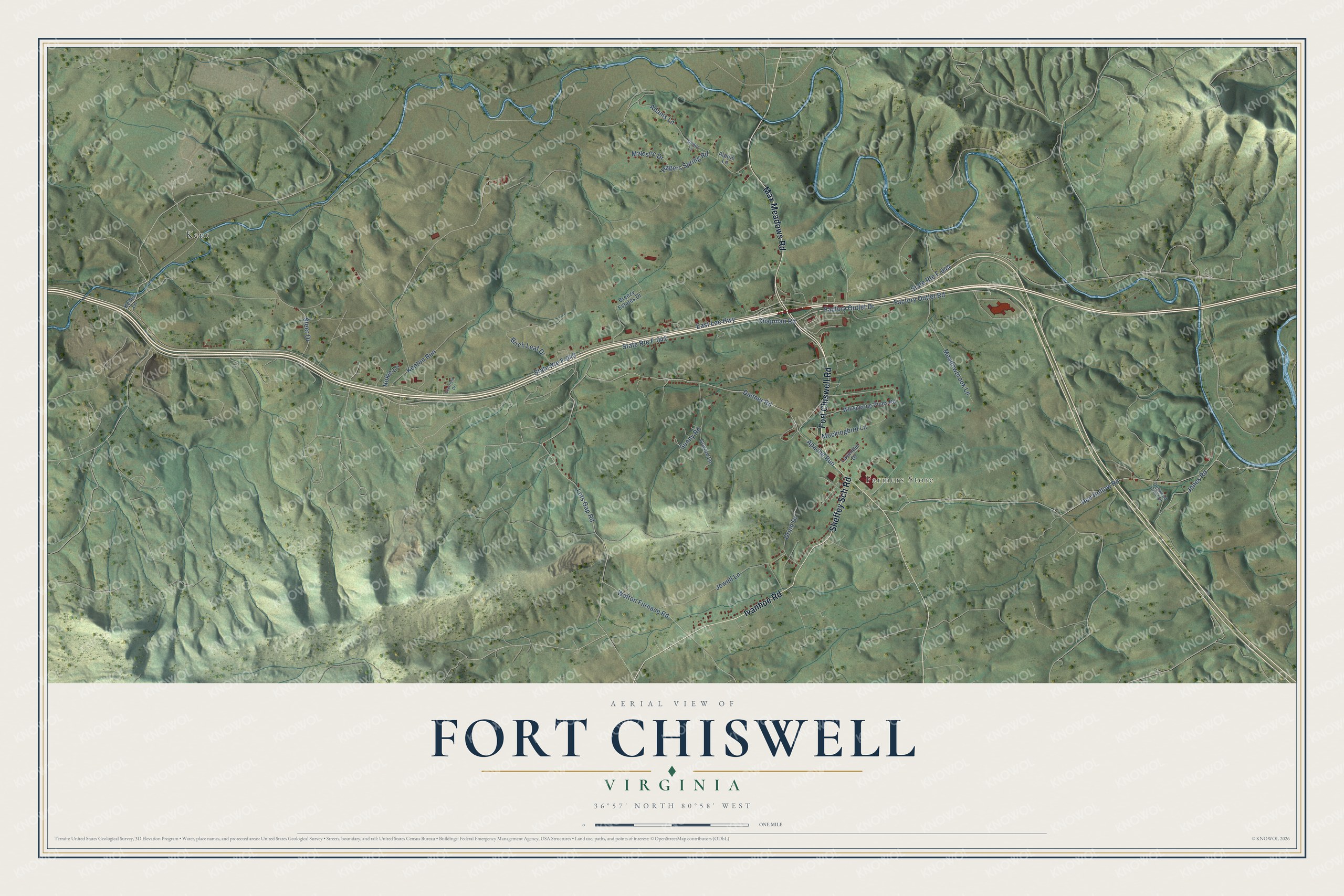Full map of Fort Chiswell, Virginia, with red buildings, printed street names and the land around them