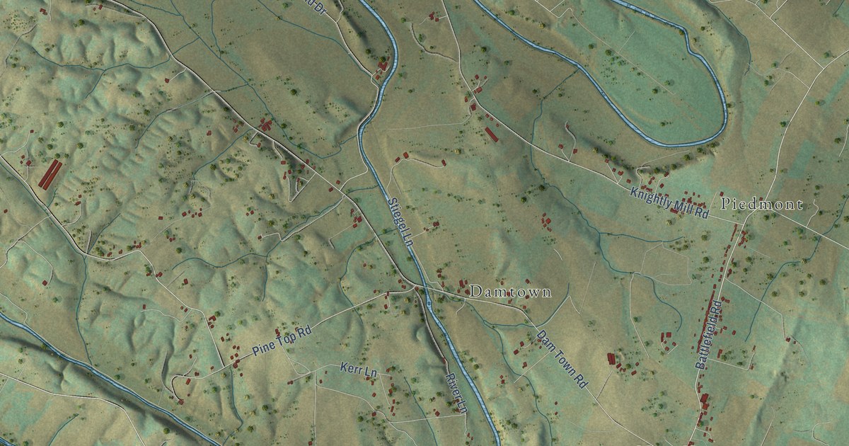 Close-up of streets and buildings in Fort Defiance, Virginia
