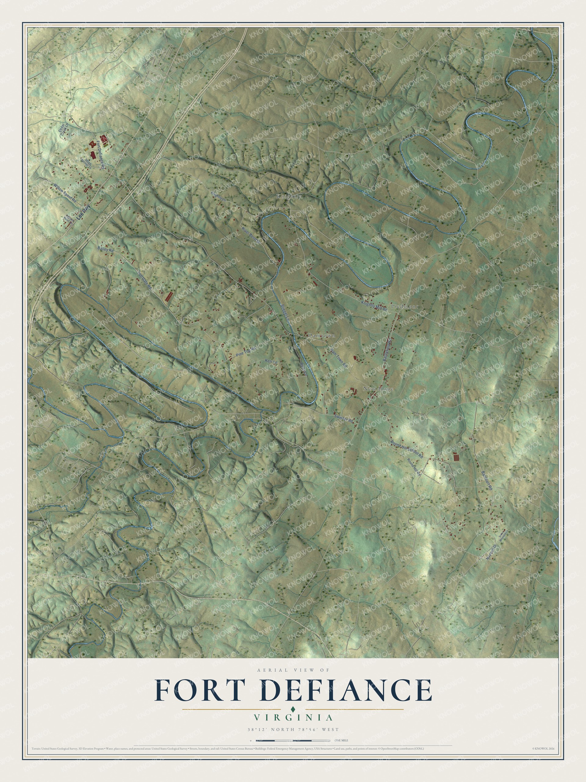 Full map of Fort Defiance, Virginia, with red buildings, printed street names and the land around them