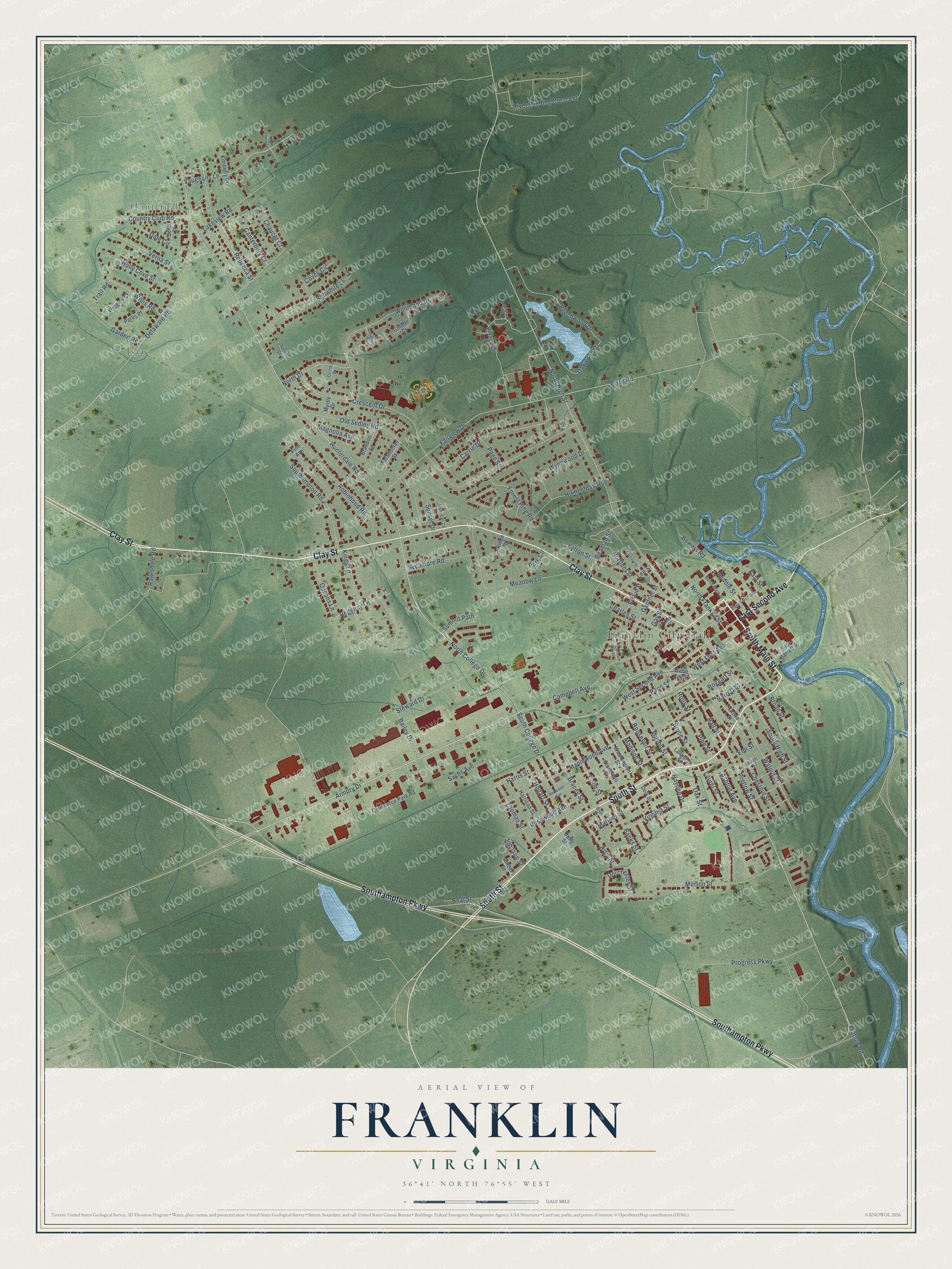 Full map of Franklin, Virginia, with red buildings, printed street names and the land around them