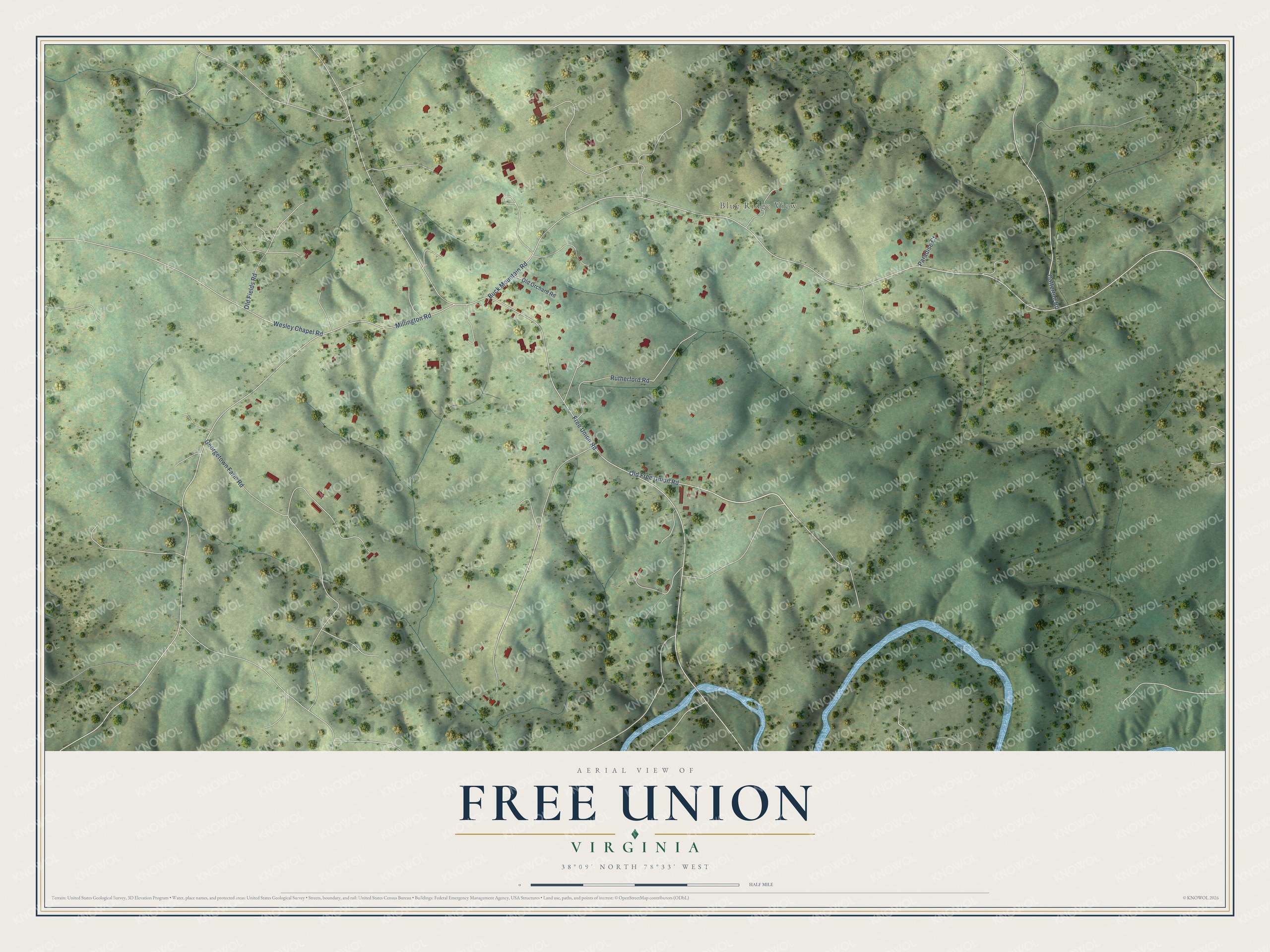 Full map of Free Union, Virginia, with red buildings, printed street names and the land around them