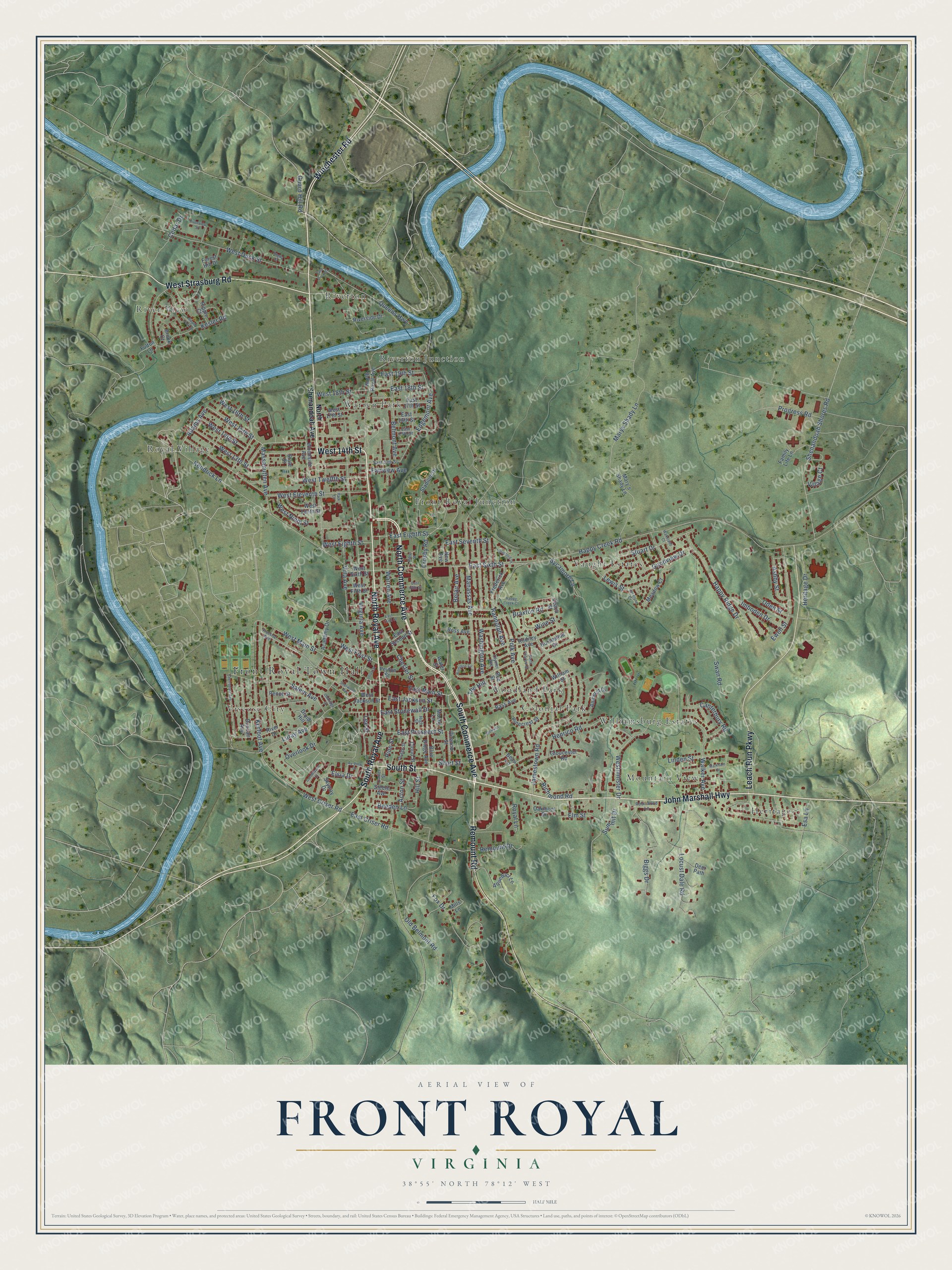 Full map of Front Royal, Virginia, with red buildings, printed street names and the land around them