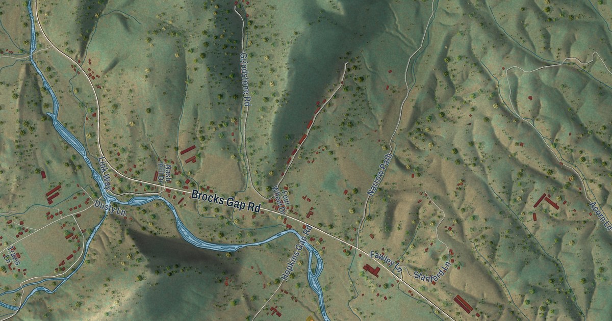 Close-up of streets and buildings in Fulks Run, Virginia