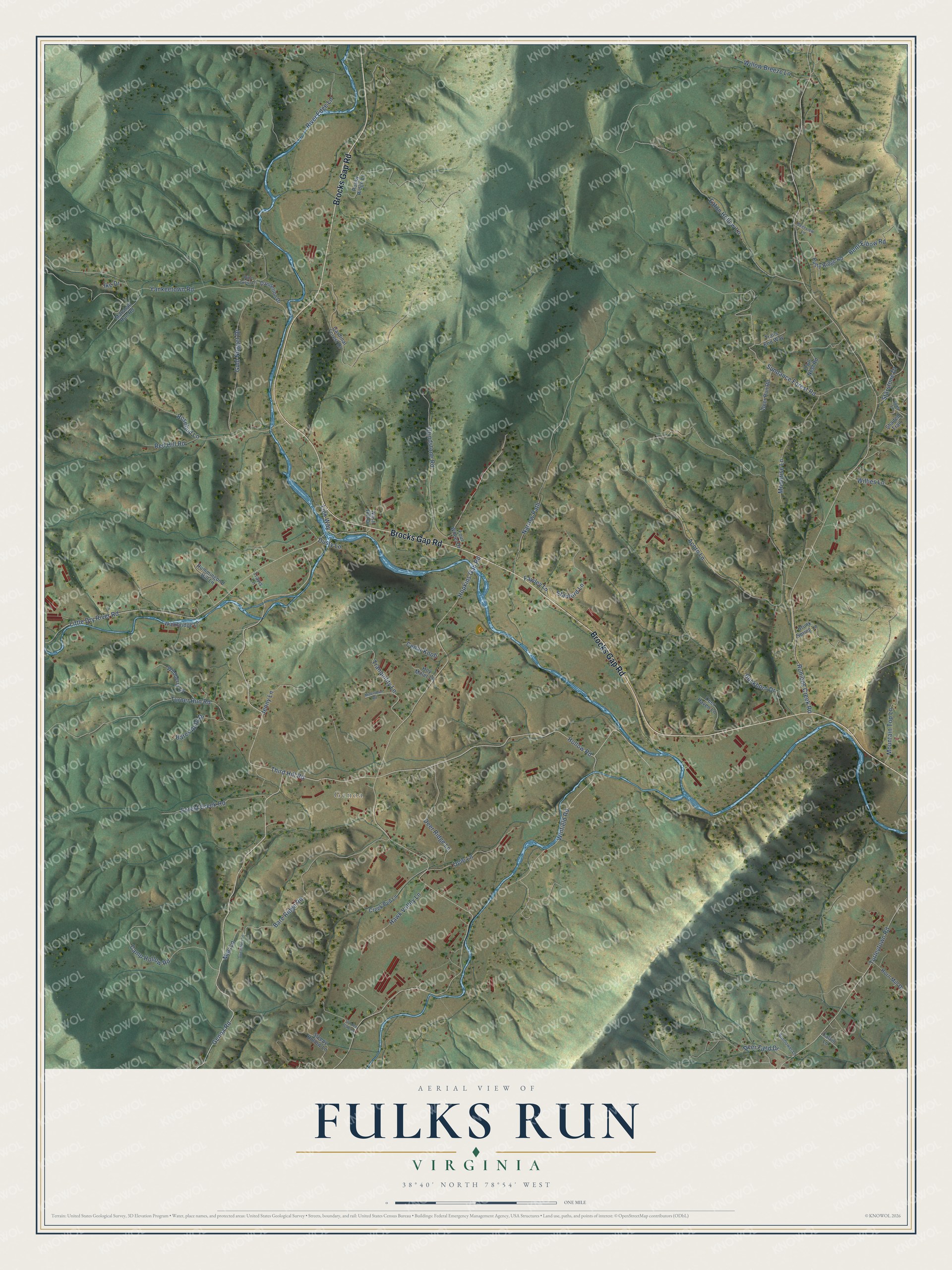 Full map of Fulks Run, Virginia, with red buildings, printed street names and the land around them