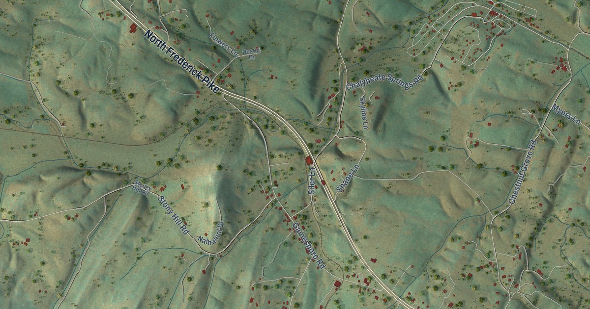 Close-up of streets and buildings in Gainesboro, Virginia