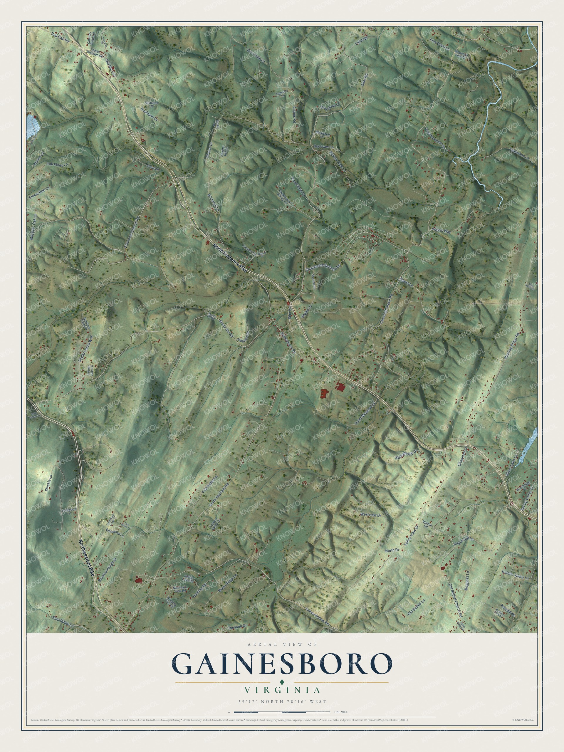 Full map of Gainesboro, Virginia, with red buildings, printed street names and the land around them