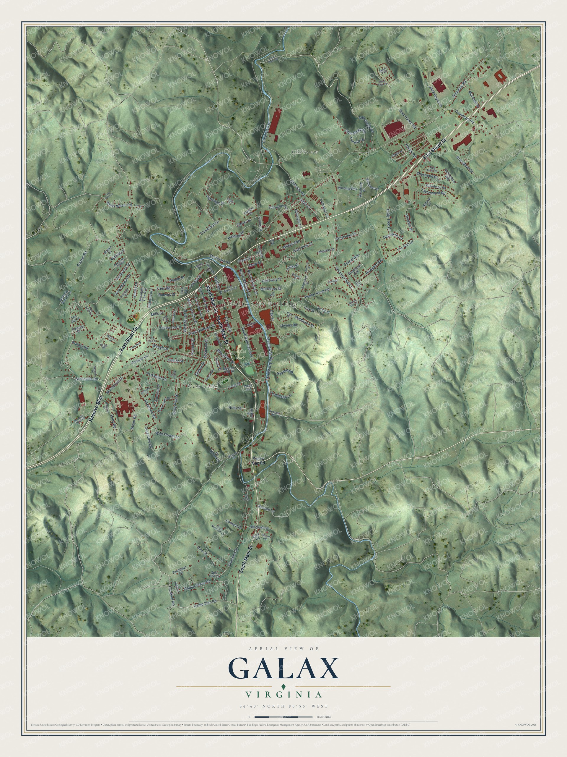 Full map of Galax, Virginia, with red buildings, printed street names and the land around them