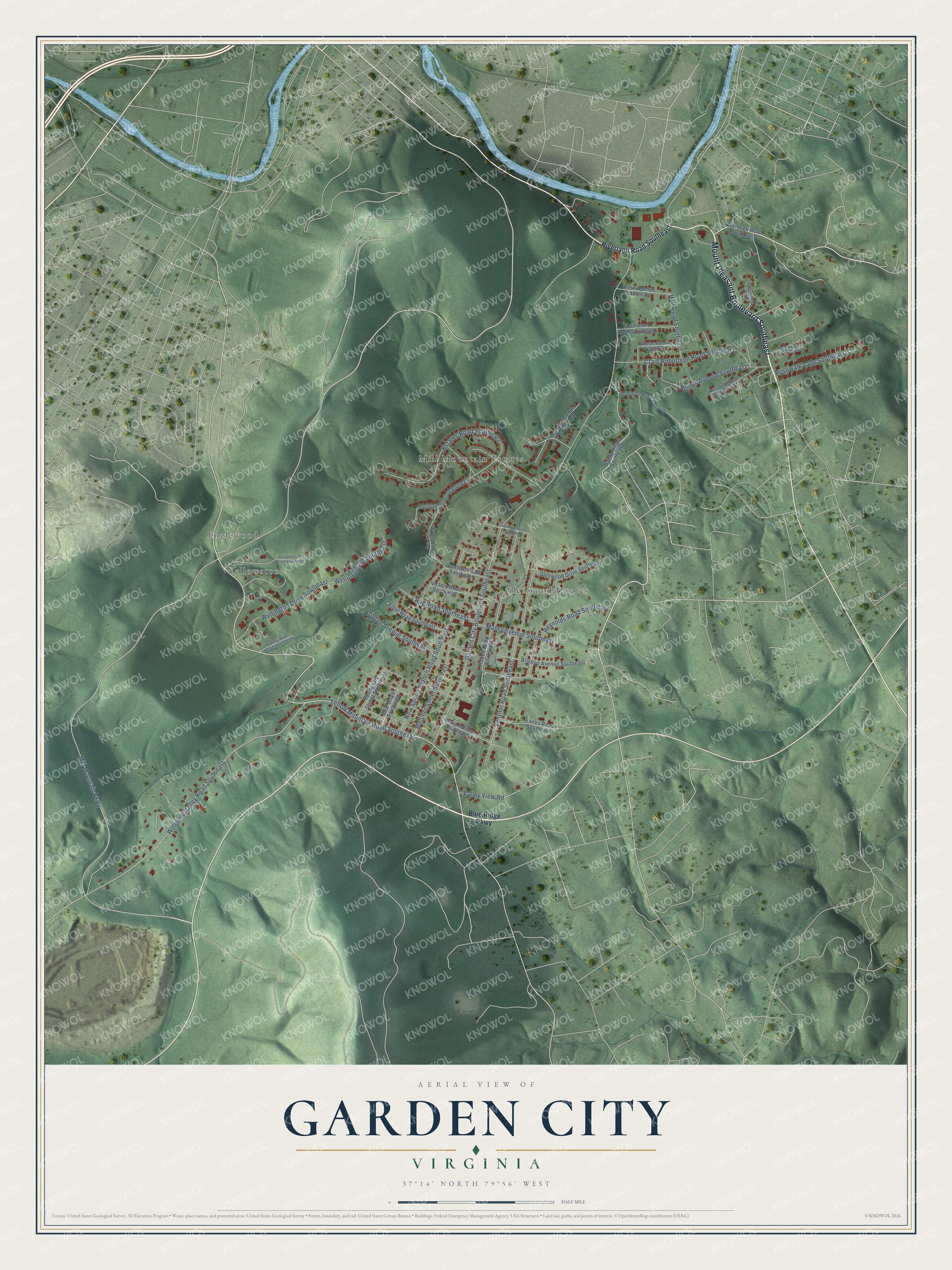 Full map of Garden City, Virginia, with red buildings, printed street names and the land around them