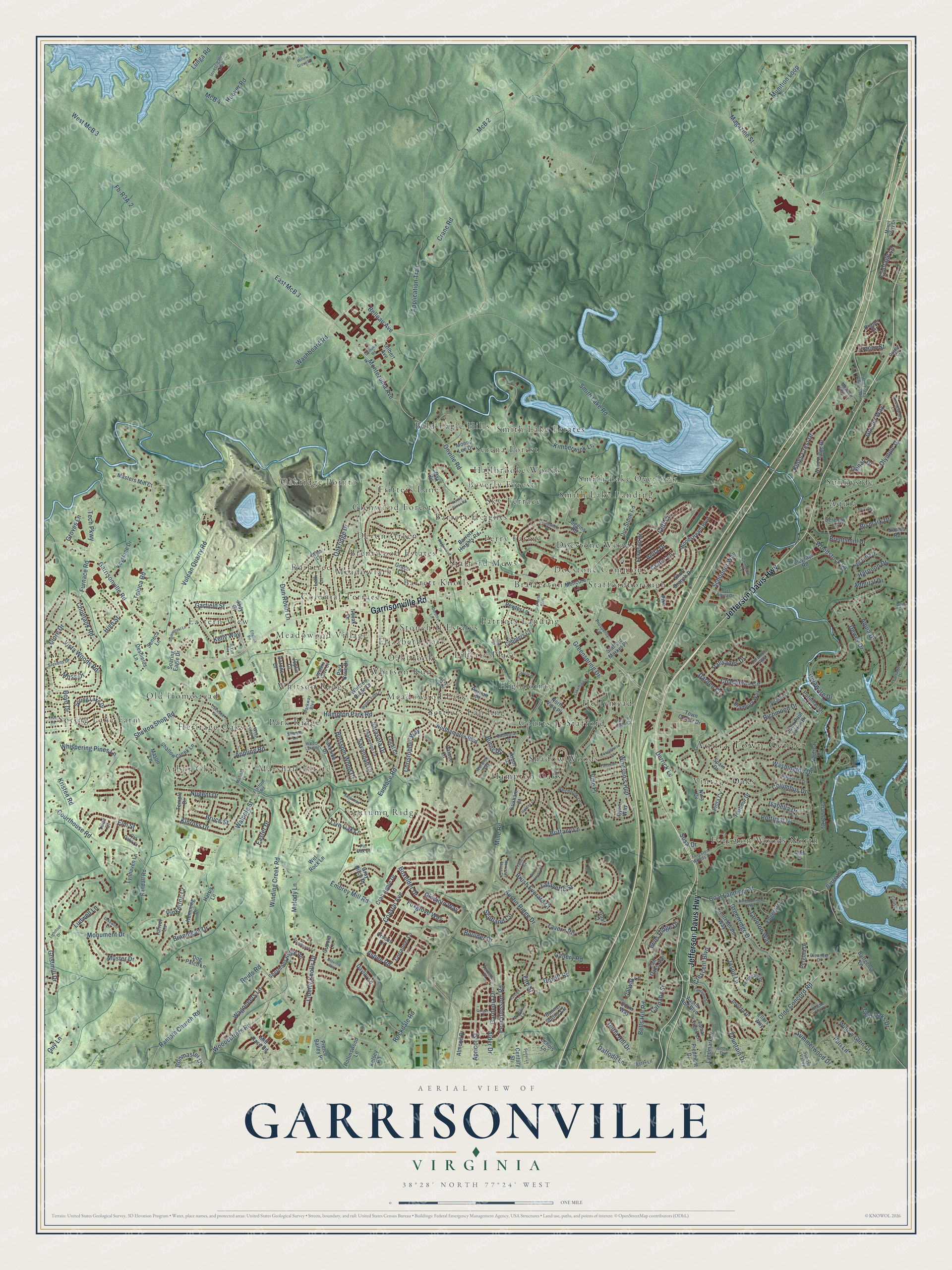 Full map of Garrisonville, Virginia, with red buildings, printed street names and the land around them
