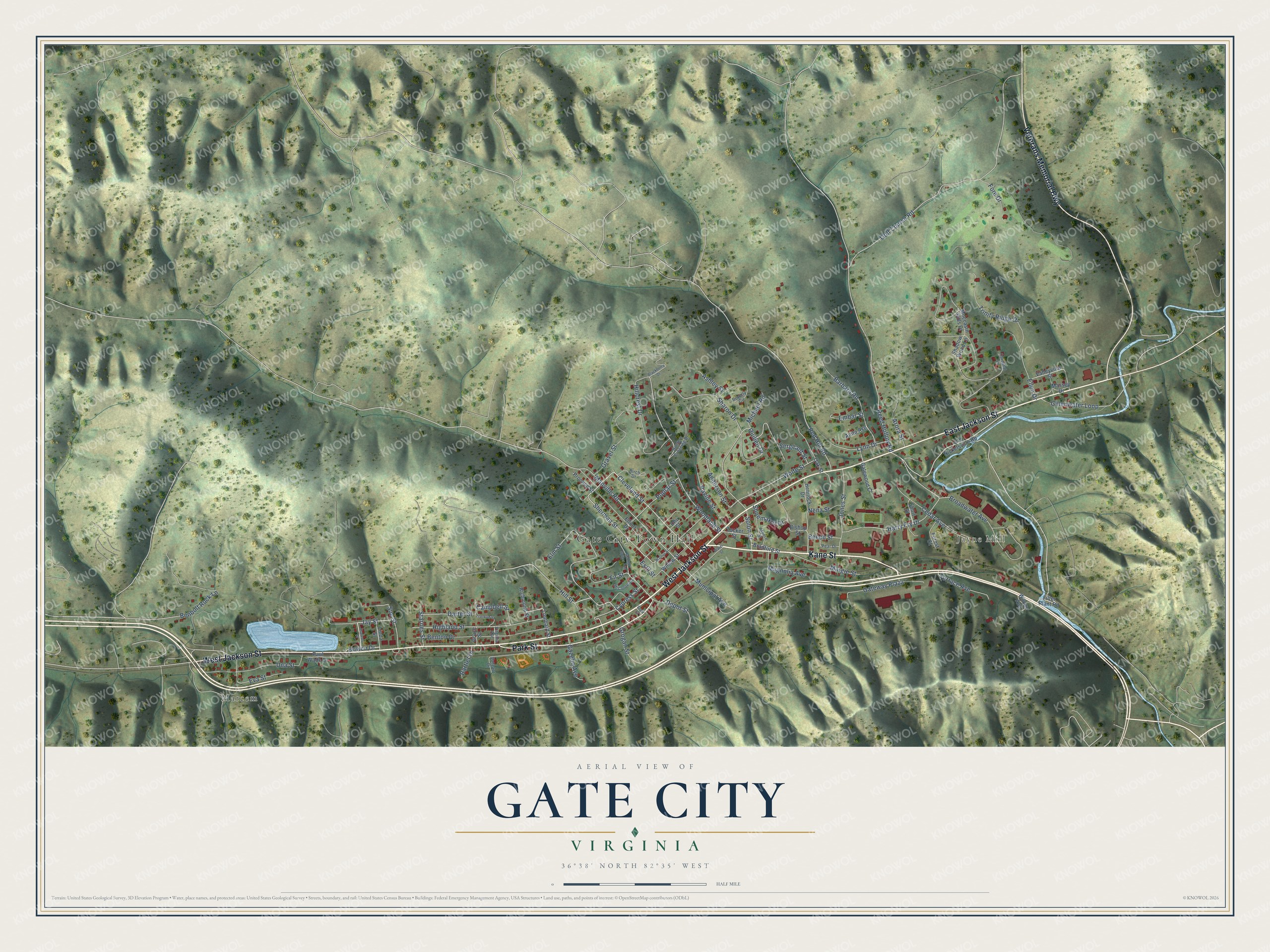 Full map of Gate City, Virginia, with red buildings, printed street names and the land around them