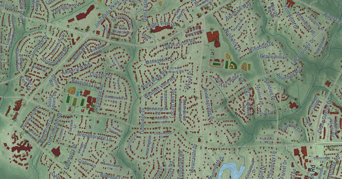 Close-up of streets and buildings in Gayton, Virginia