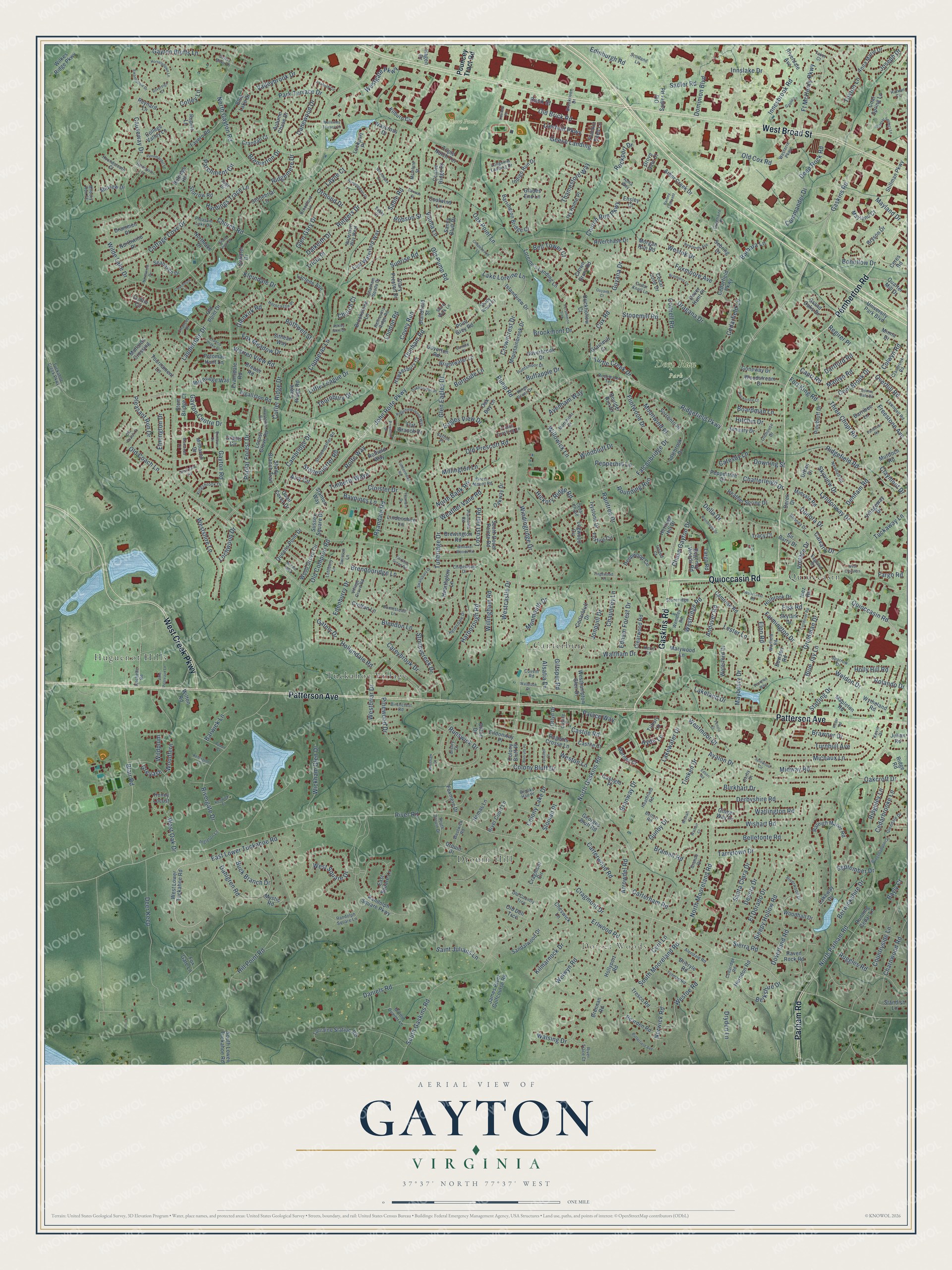 Full map of Gayton, Virginia, with red buildings, printed street names and the land around them
