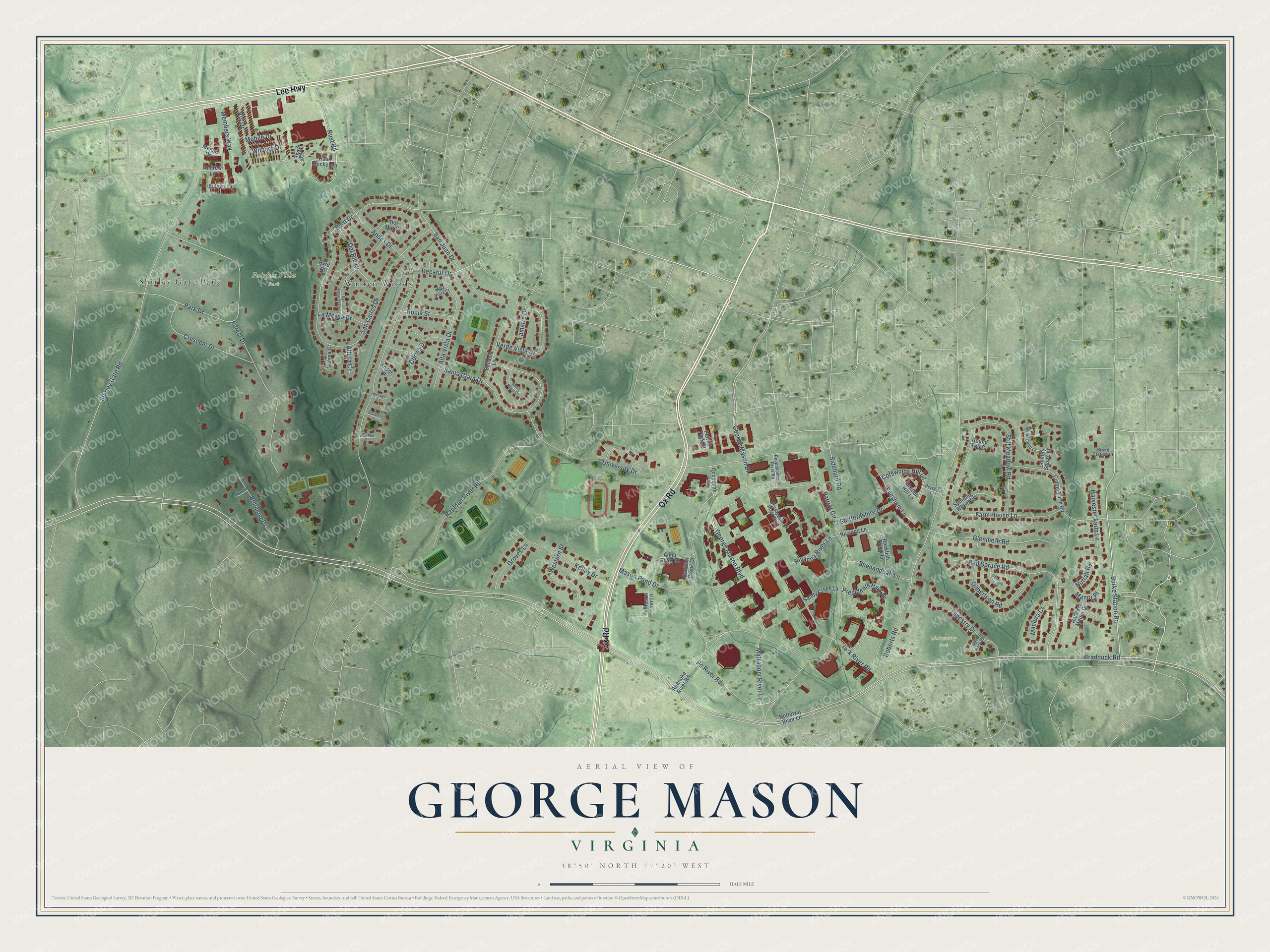 Full map of George Mason, Virginia, with red buildings, printed street names and the land around them