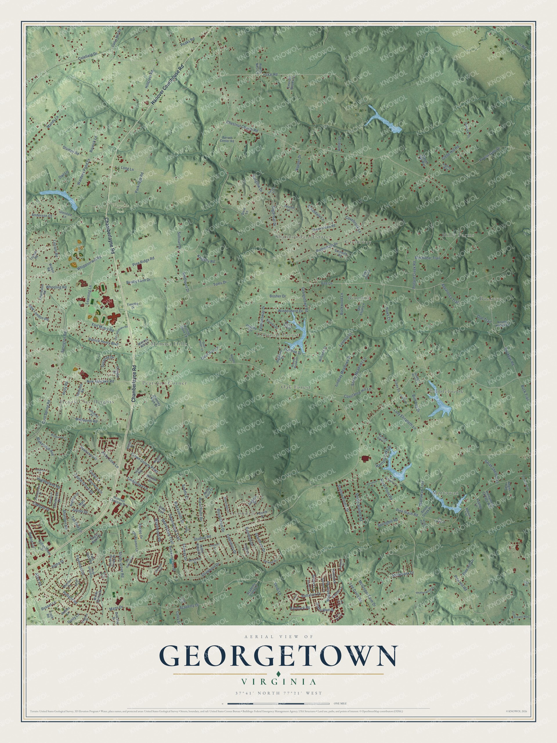 Full map of Georgetown, Virginia, with red buildings, printed street names and the land around them