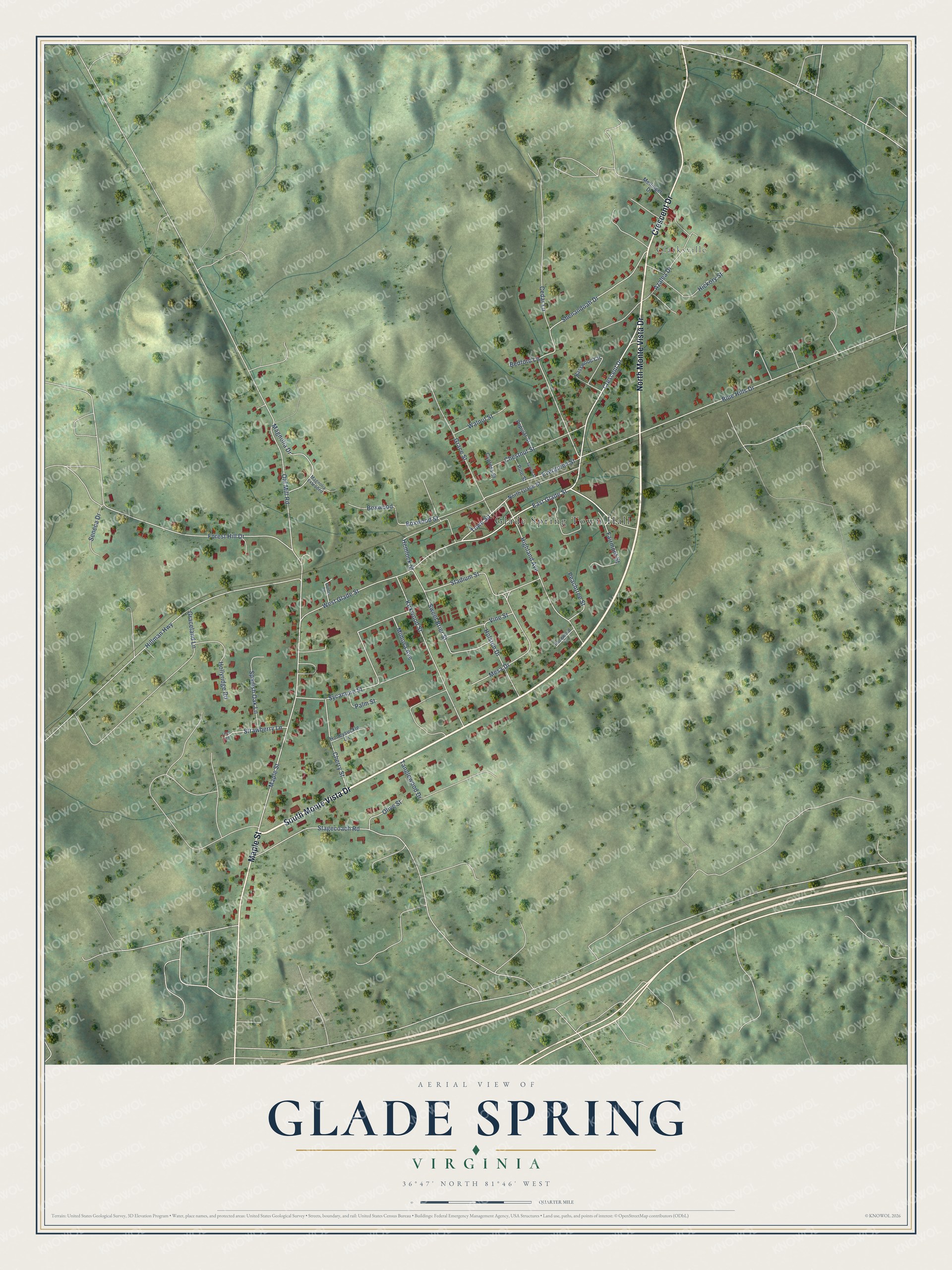 Full map of Glade Spring, Virginia, with red buildings, printed street names and the land around them