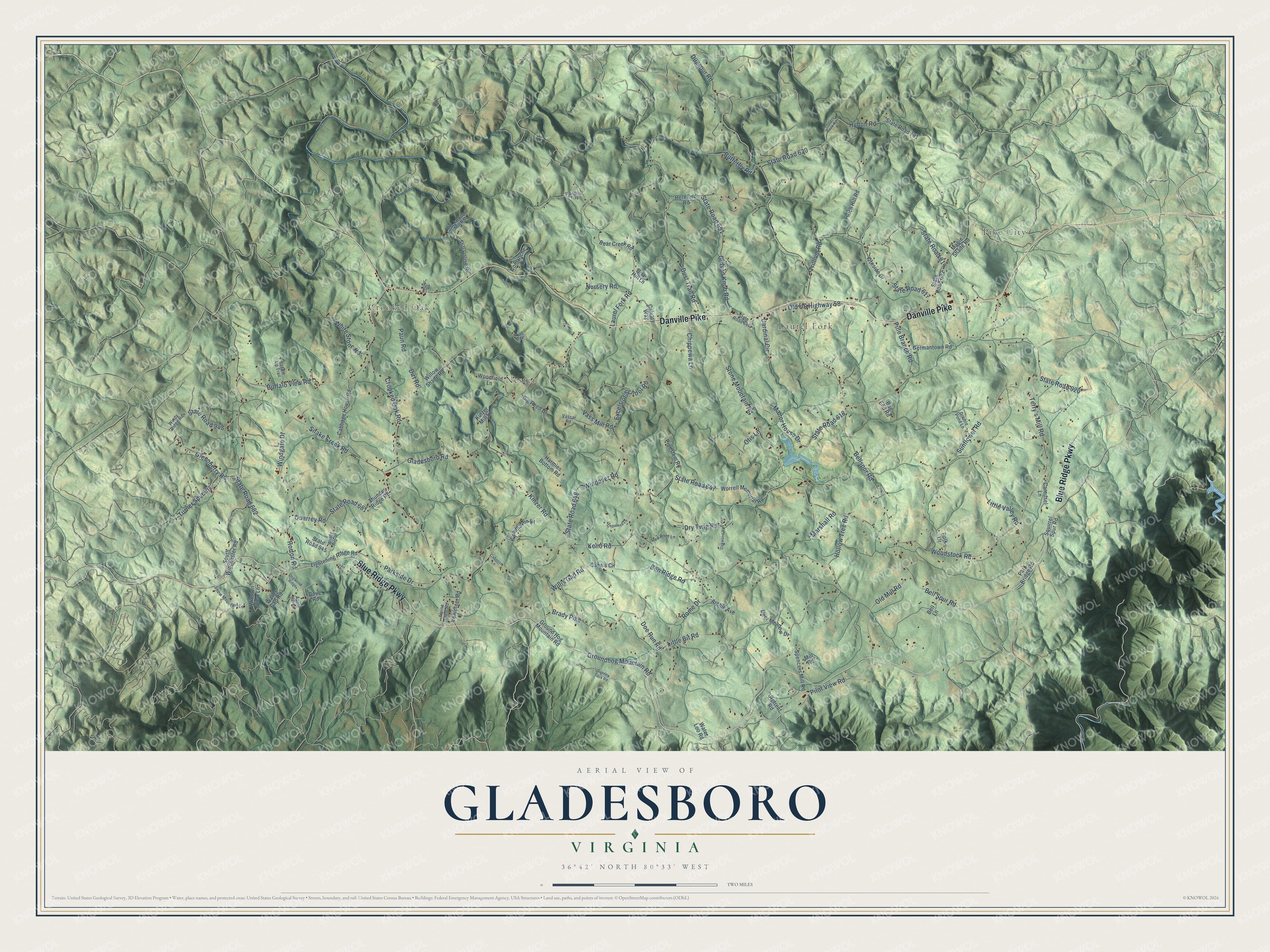 Full map of Gladesboro, Virginia, with red buildings, printed street names and the land around them