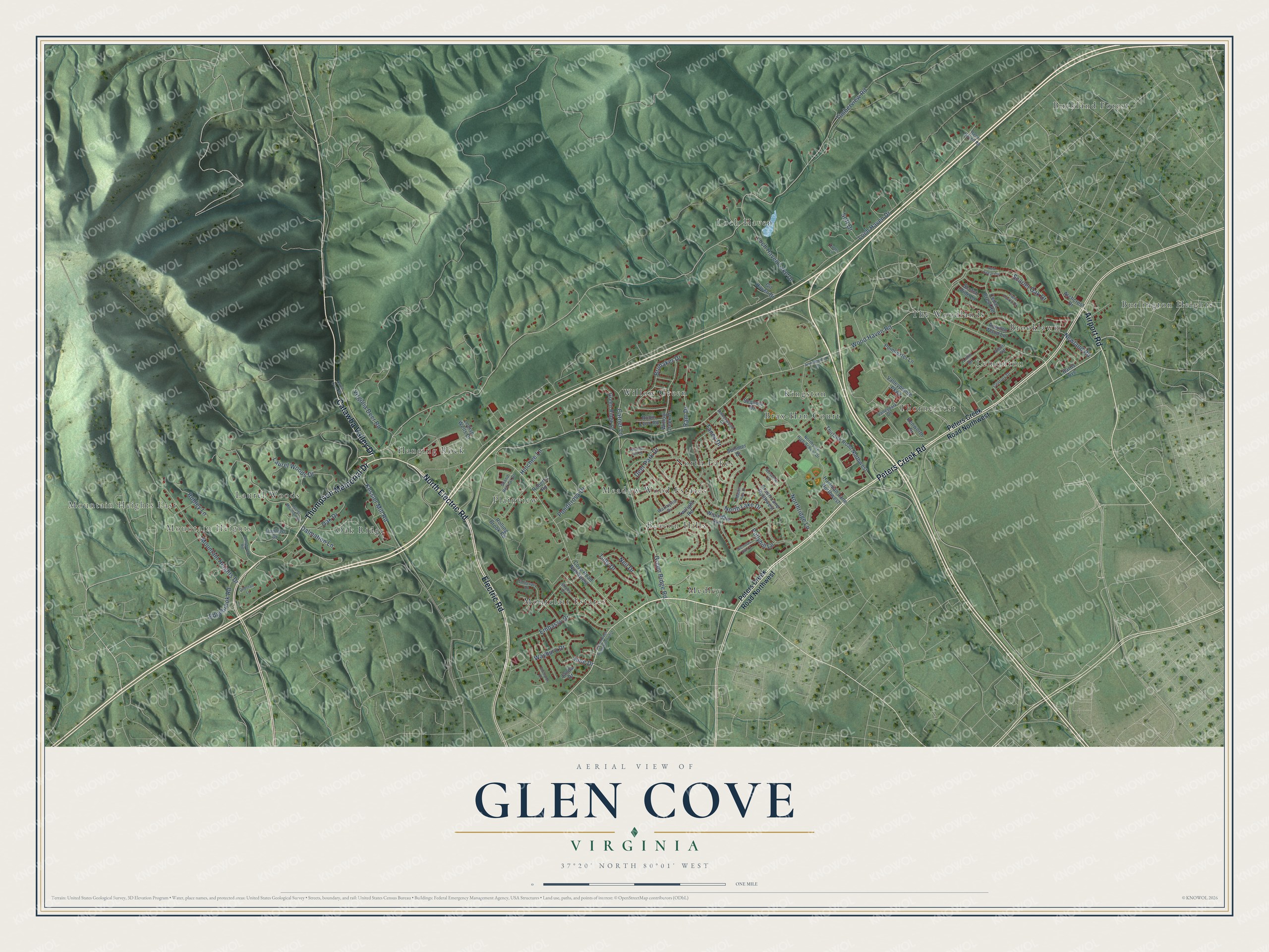 Full map of Glen Cove, Virginia, with red buildings, printed street names and the land around them