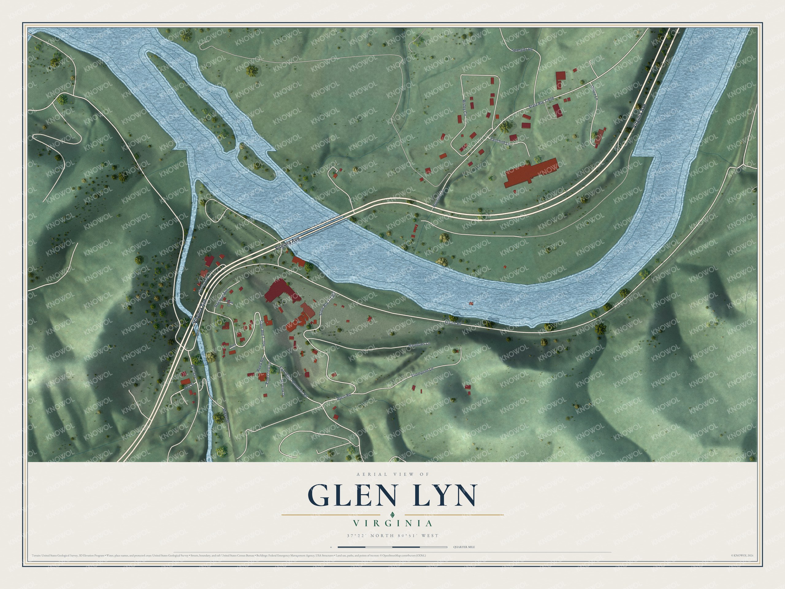 Full map of Glen Lyn, Virginia, with red buildings, printed street names and the land around them