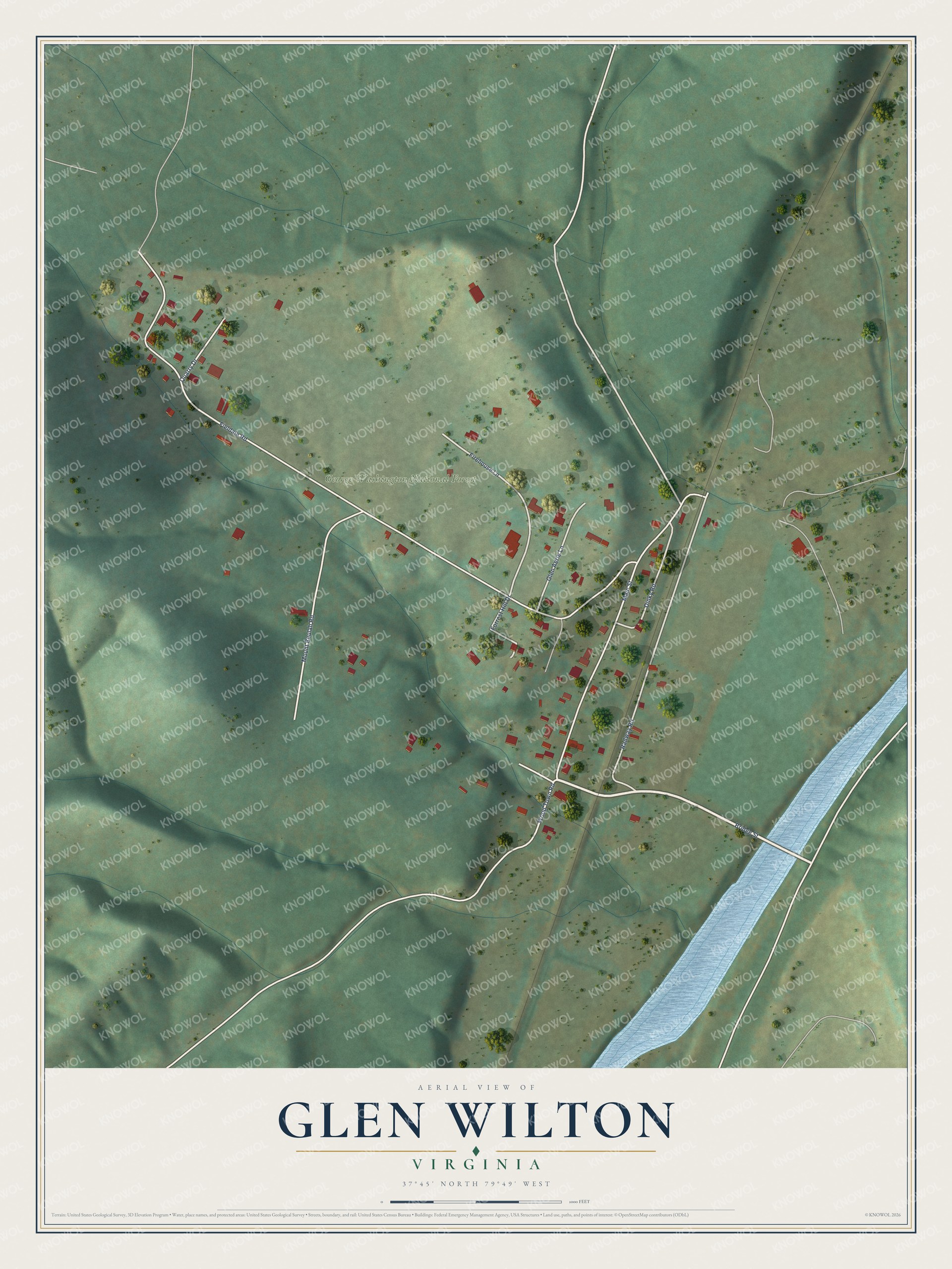 Full map of Glen Wilton, Virginia, with red buildings, printed street names and the land around them