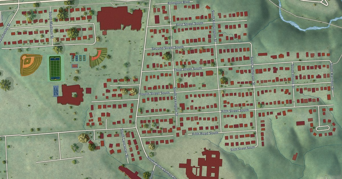 Close-up of streets and buildings in Glencarlyn, Virginia