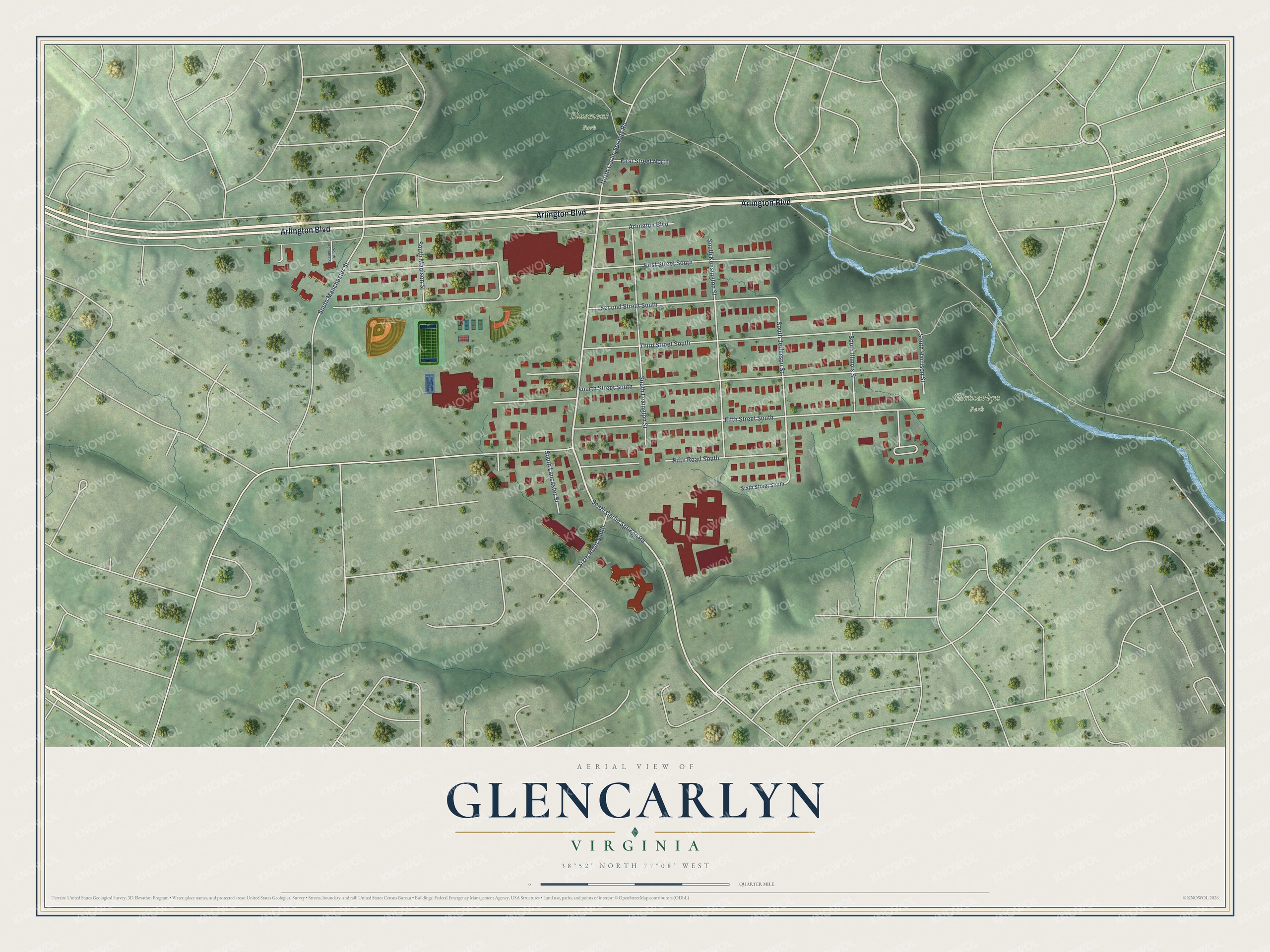 Full map of Glencarlyn, Virginia, with red buildings, printed street names and the land around them